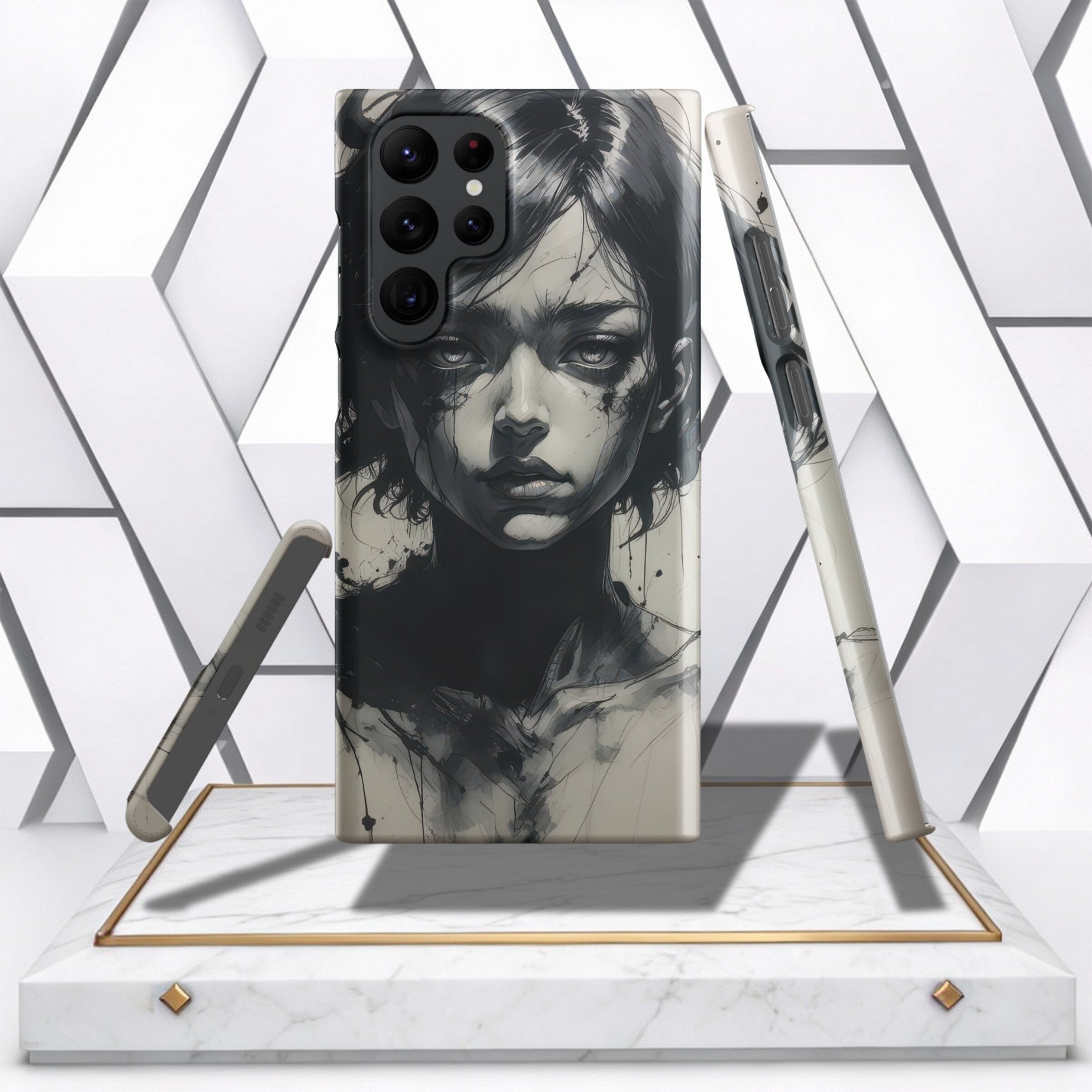 Coocosh phone case featuring an artistic black and white drawing of a woman's face, capturing a dramatic portrait style. The case is displayed in a studio setting, adding depth. Period.