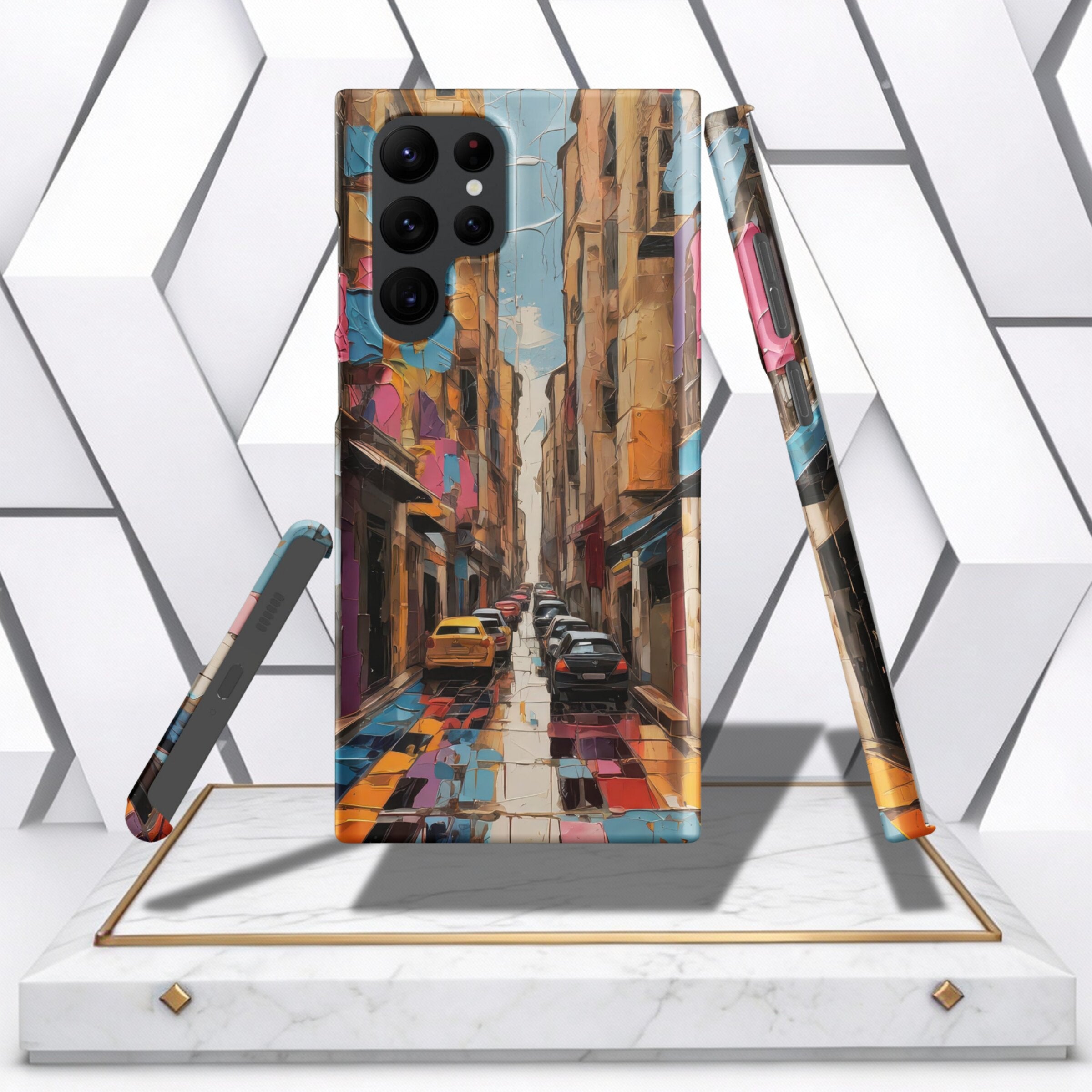 Coocosh Phone Case featuring a vivid street scene design, textured for grip, in multi-color, showcasing the slim profile with cars and buildings in the background on a pedestal. Perfect for showcasing modern protection.