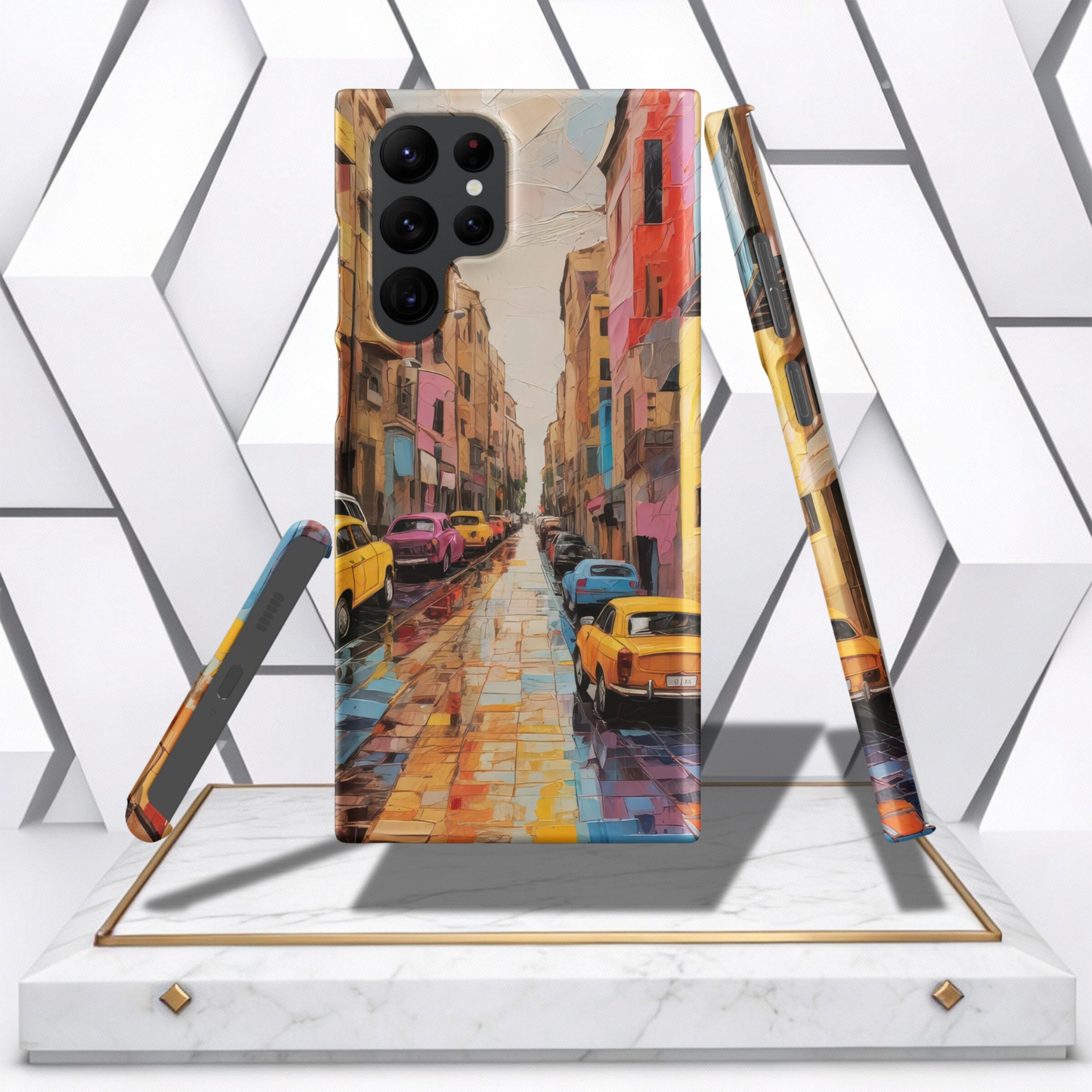 Coocosh phone case features a vibrant street art scene, capturing colorful buildings and vintage cars in an artistic perspective. Durable protection with eye-catching design. Case for standard phones.