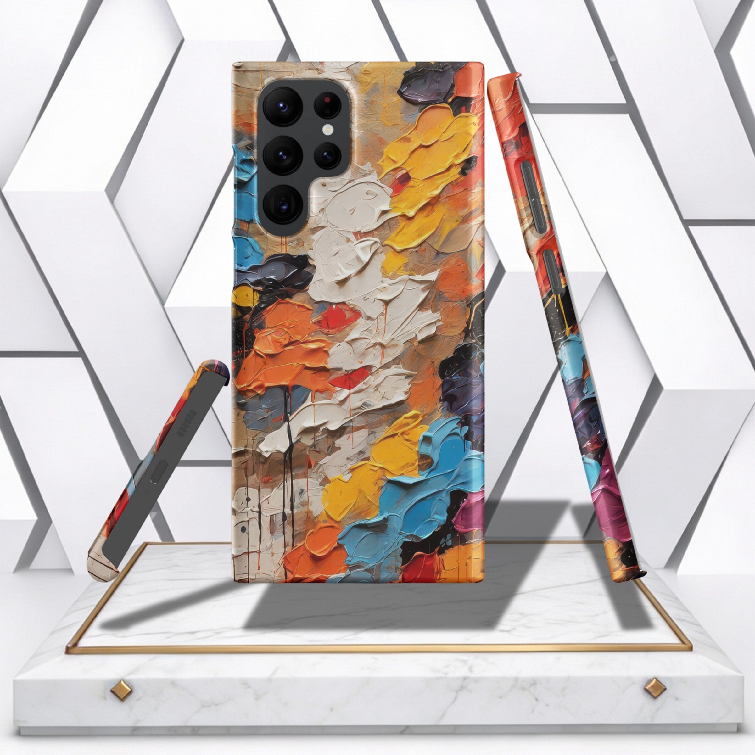 Coocosh Phone Case with Abstract Oil Painting Design featuring vibrant colors like orange, blue, and yellow on a Samsung phone for artistic flair and impact. Modern art for your phone. Perspective view.