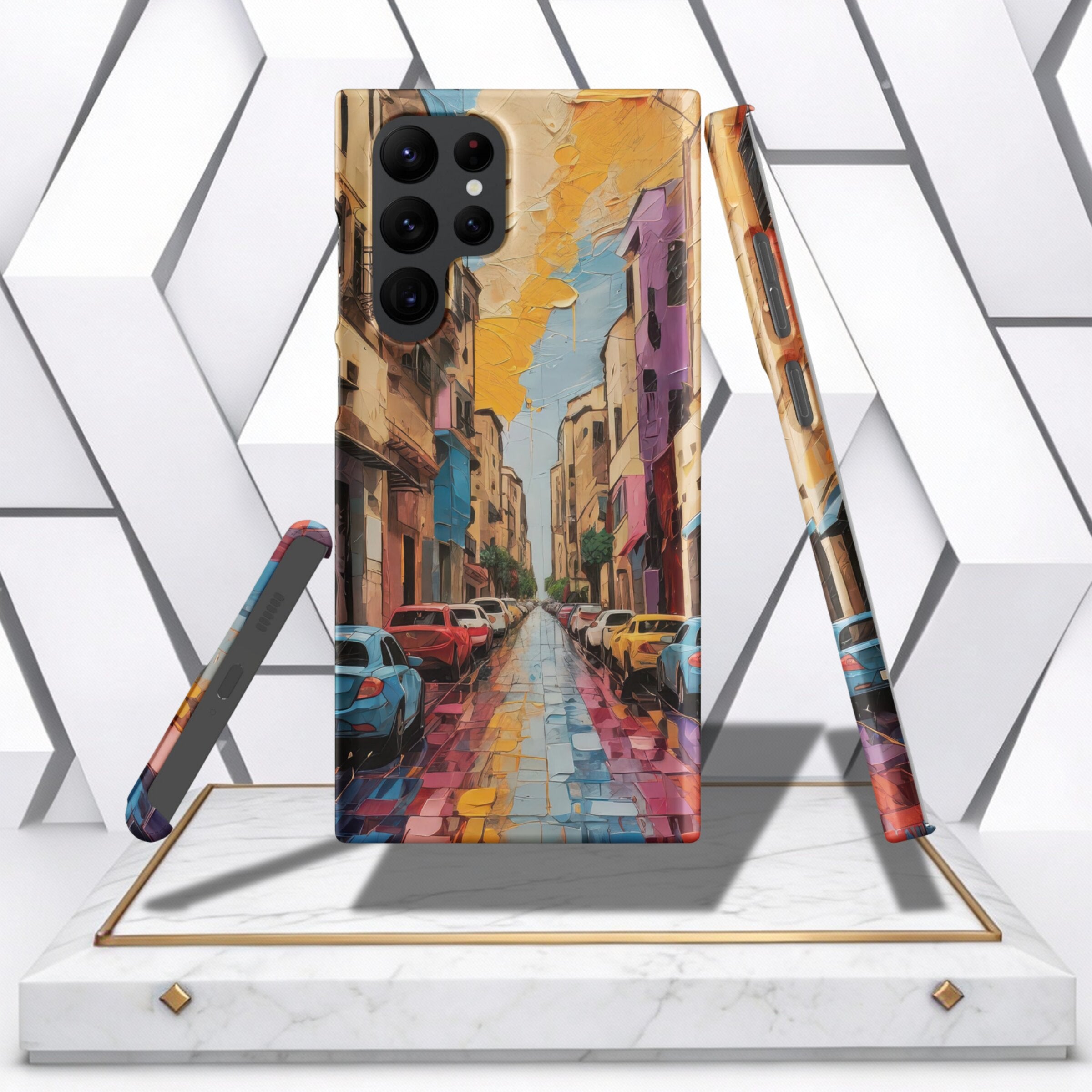 Coocosh phone case featuring a vibrant city street scene with colorful buildings and cars, painted in an impressionistic style, offering both protection and artistic flair. A modern design for everyday use.