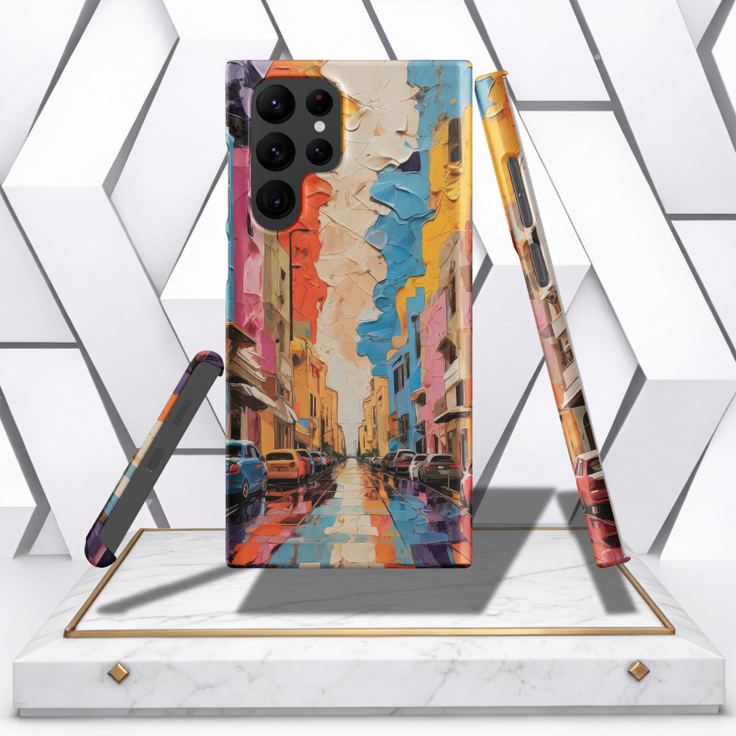 Coocosh Phone Case featuring a colorful abstract street scene design, providing durable protection for your device. Vibrant colors and a unique art style enhance the phone's look. Standard.