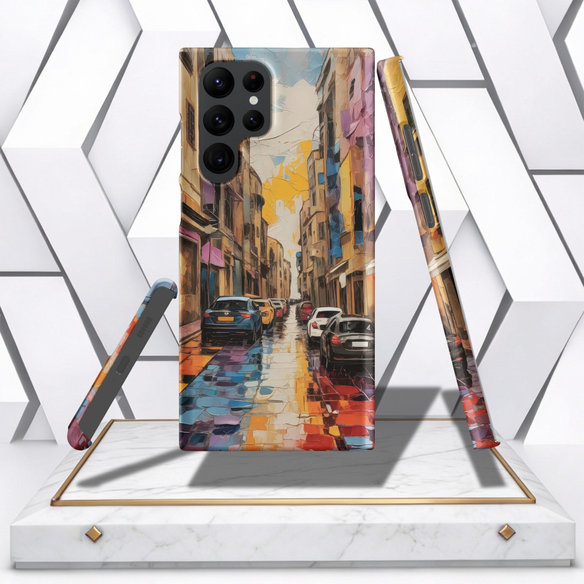 Coocosh Phone Case features a vibrant street scene, painted in bold brushstrokes with cars and buildings, offering full protection and style. The vivid colors provide a unique perspective, enhancing your phone's appearance. A sleek accessory for your phon