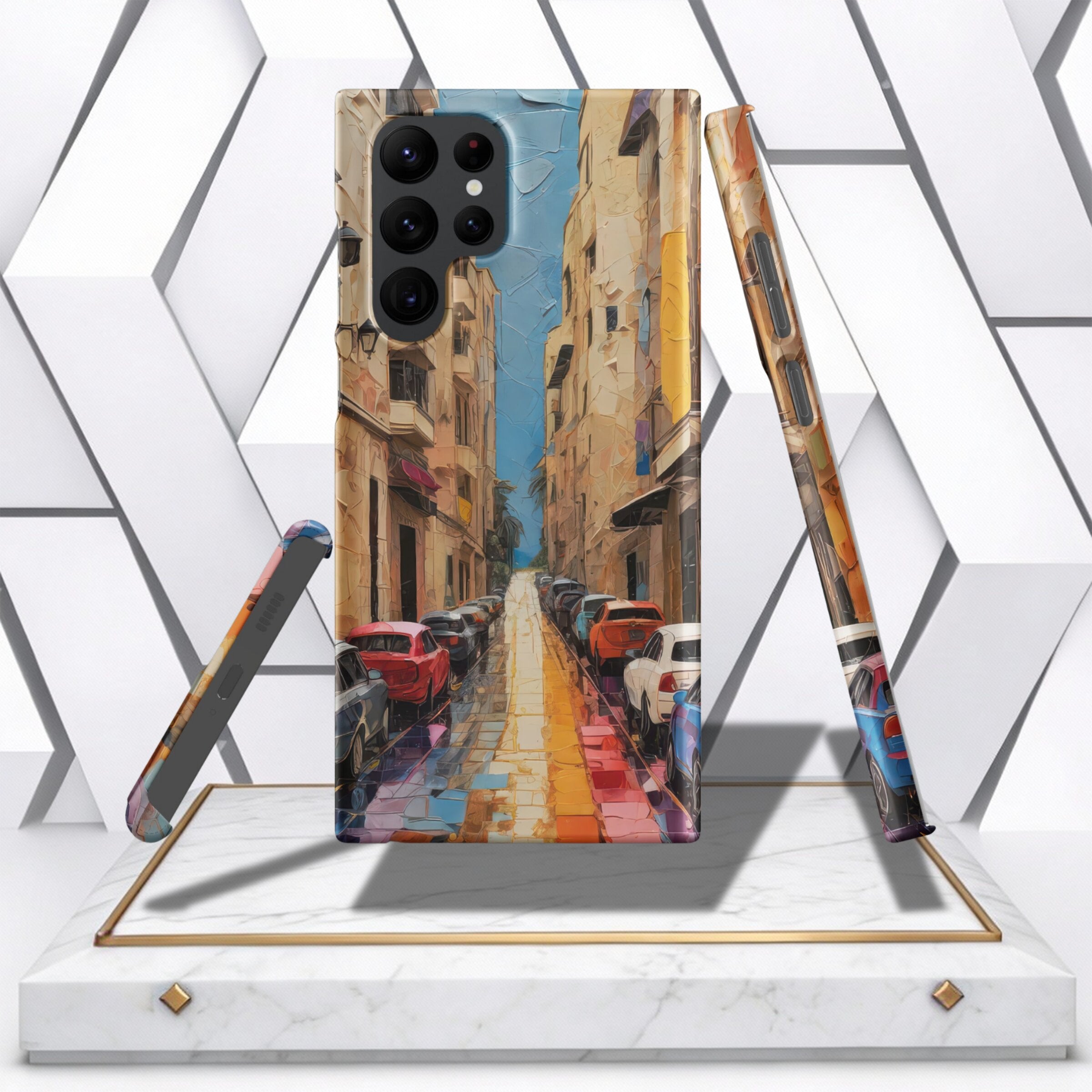 Coocosh Phone Case featuring an Impressionist style city street with parked cars and colorful reflections, offering protection and unique style. Standard size, showcased on a marble stand against a geometric backdrop. A fashionable accessory for phone ent