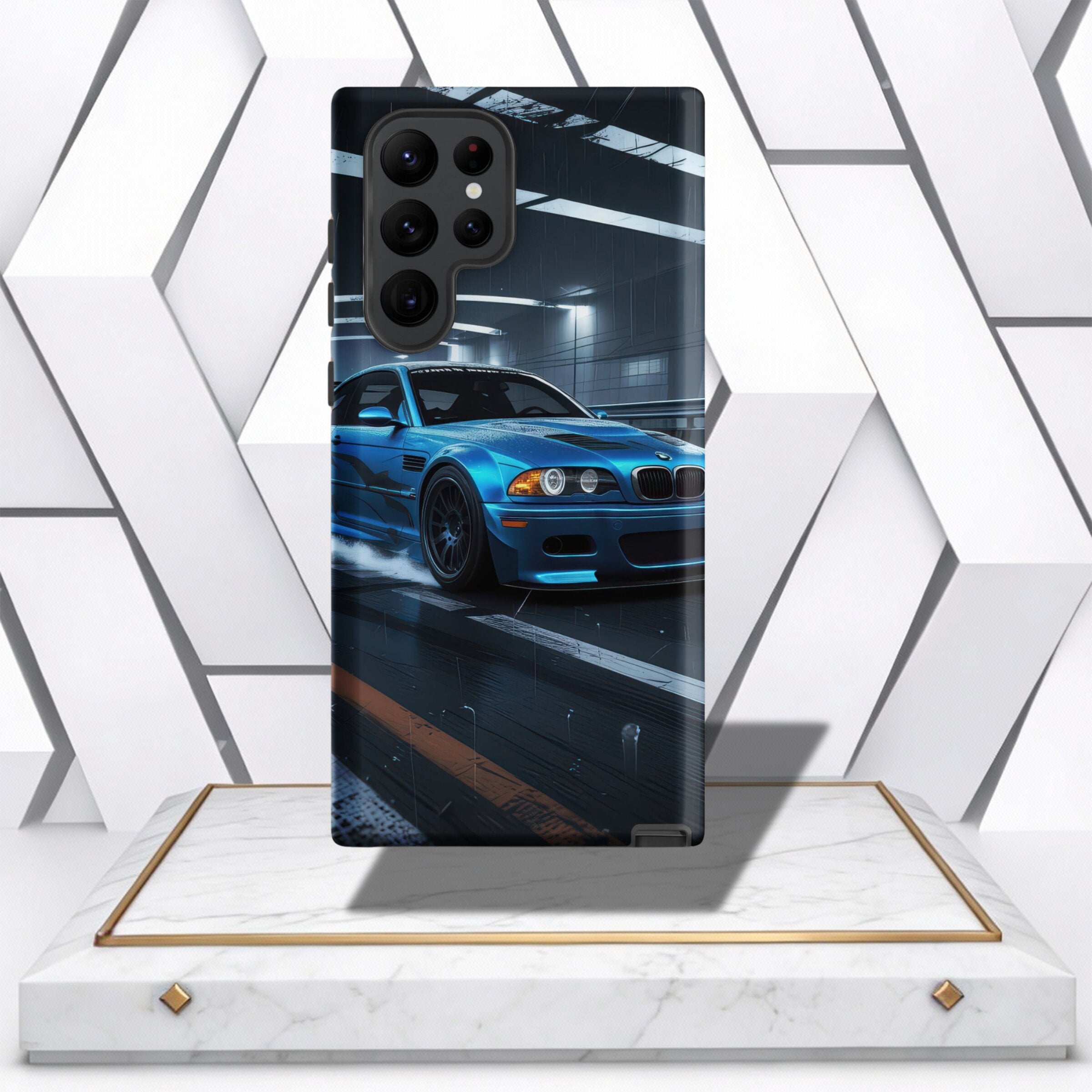 Coocosh Phone Case showcasing a vibrant blue BMW E46 drifting on a wet road, capturing the speed and power with a unique perspective, and sleek protection for your phone.