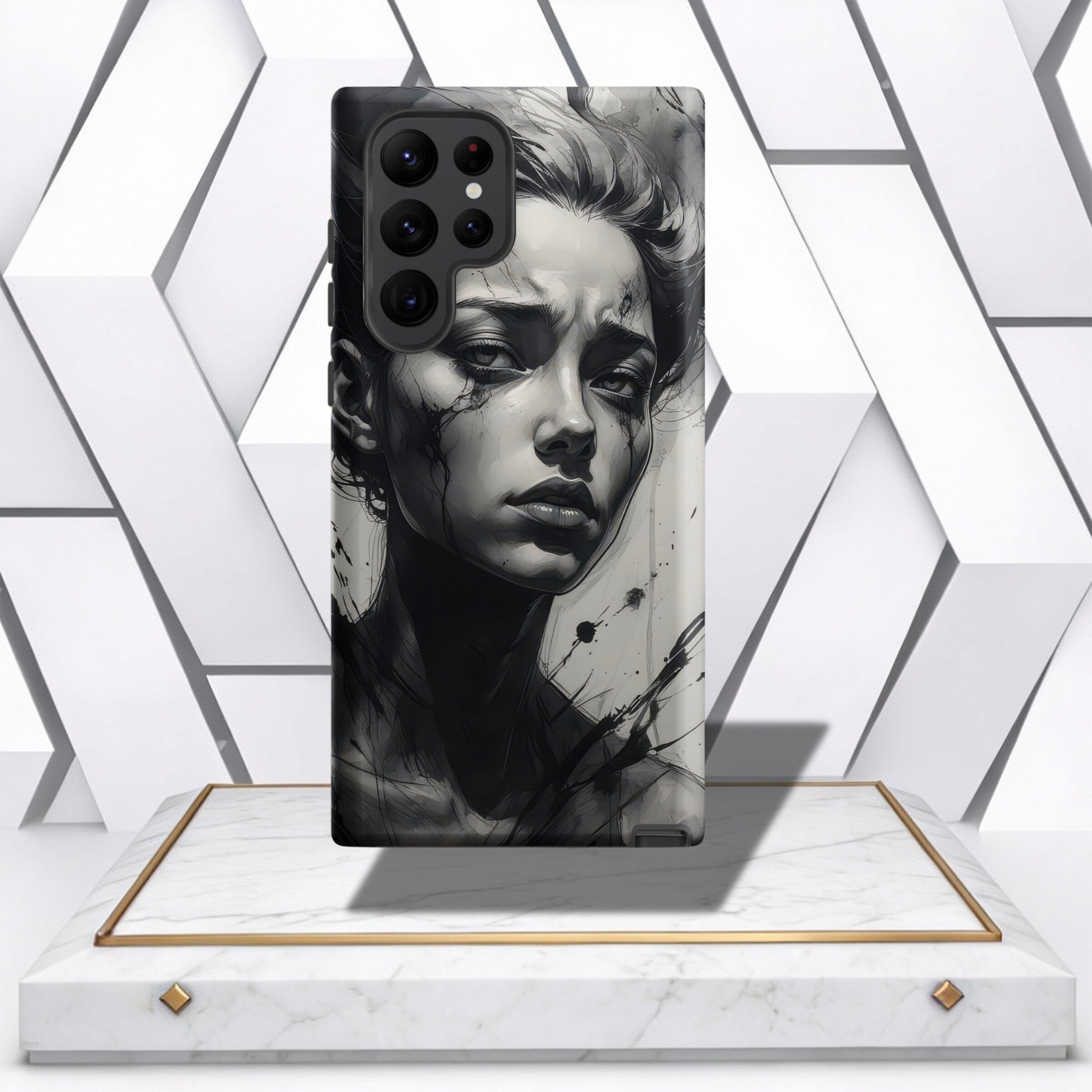 Coocosh Phone Case featuring a monochrome artistic depiction of a sorrowful woman, crafted with durable plastic, fits standard smartphone dimensions, presented on a marble display stand. A stylish protection piece with an emotional edge, perfect for every