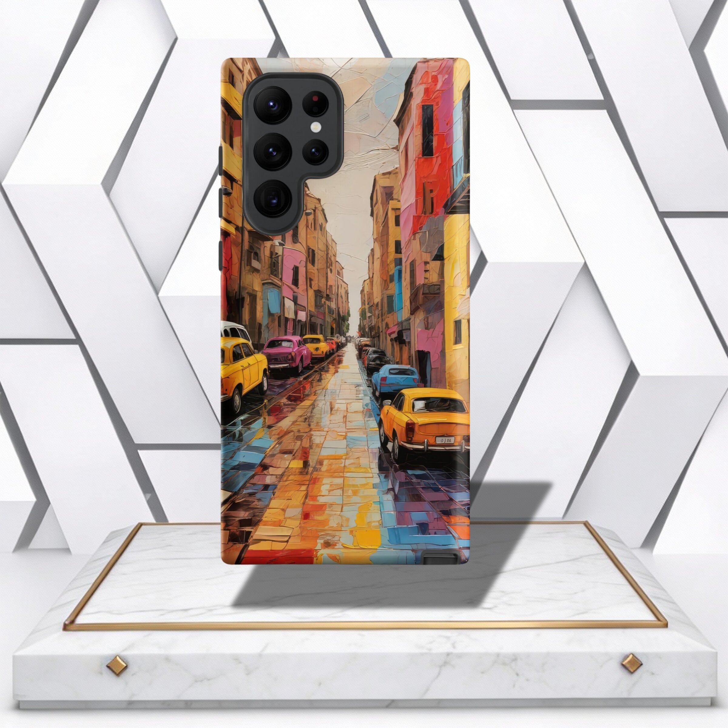 Coocosh Phone Case featuring a vintage city street painting, capturing the reflections of colorful buildings and classic cars on a wet street. Artistic and durable. Standard.