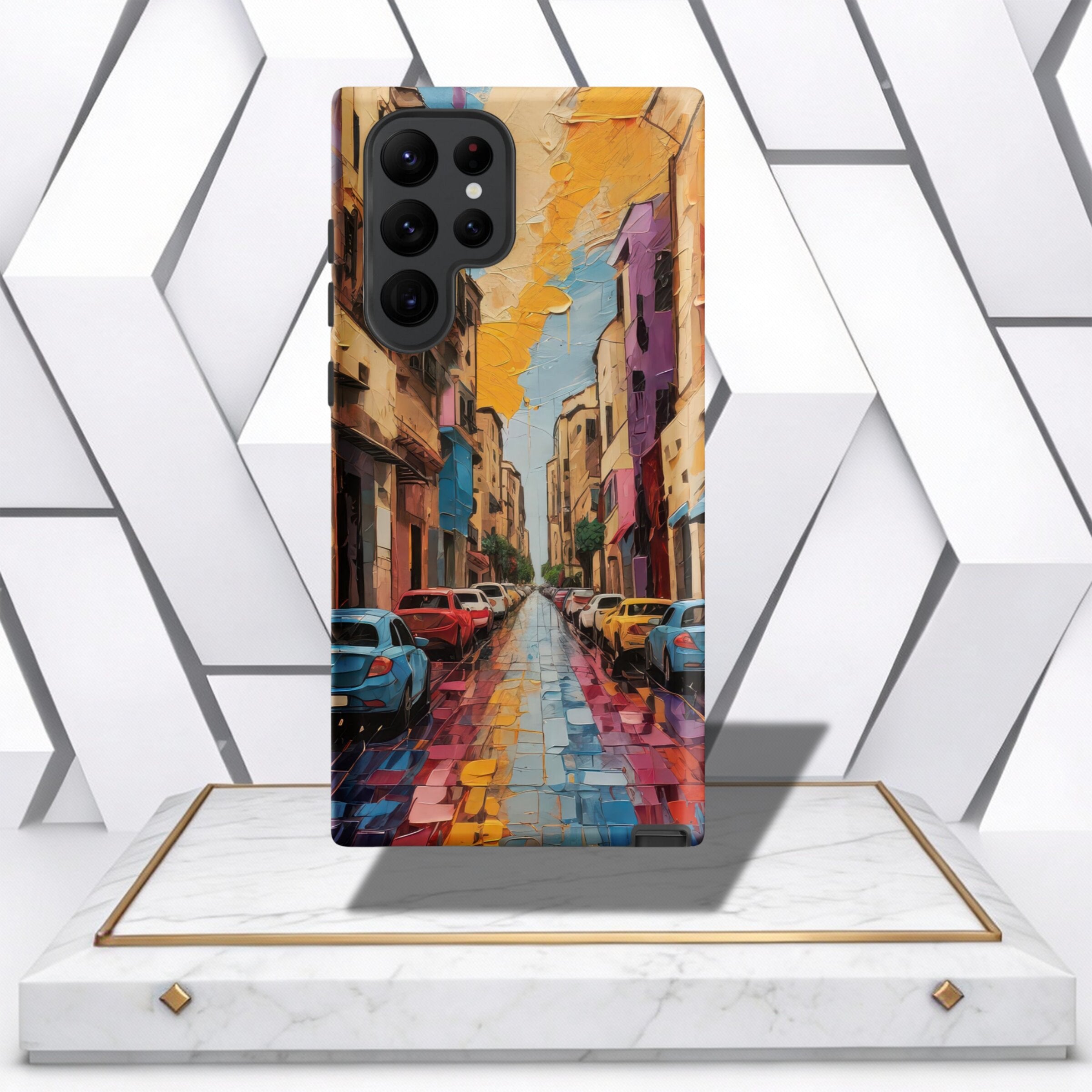 Coocosh phone case featuring a vibrant, impressionistic street scene with colorful buildings, cars, and a reflective road, bringing a touch of artistic flair to your device. Protect your phone in style with this eye-catching design. Standard variant. High