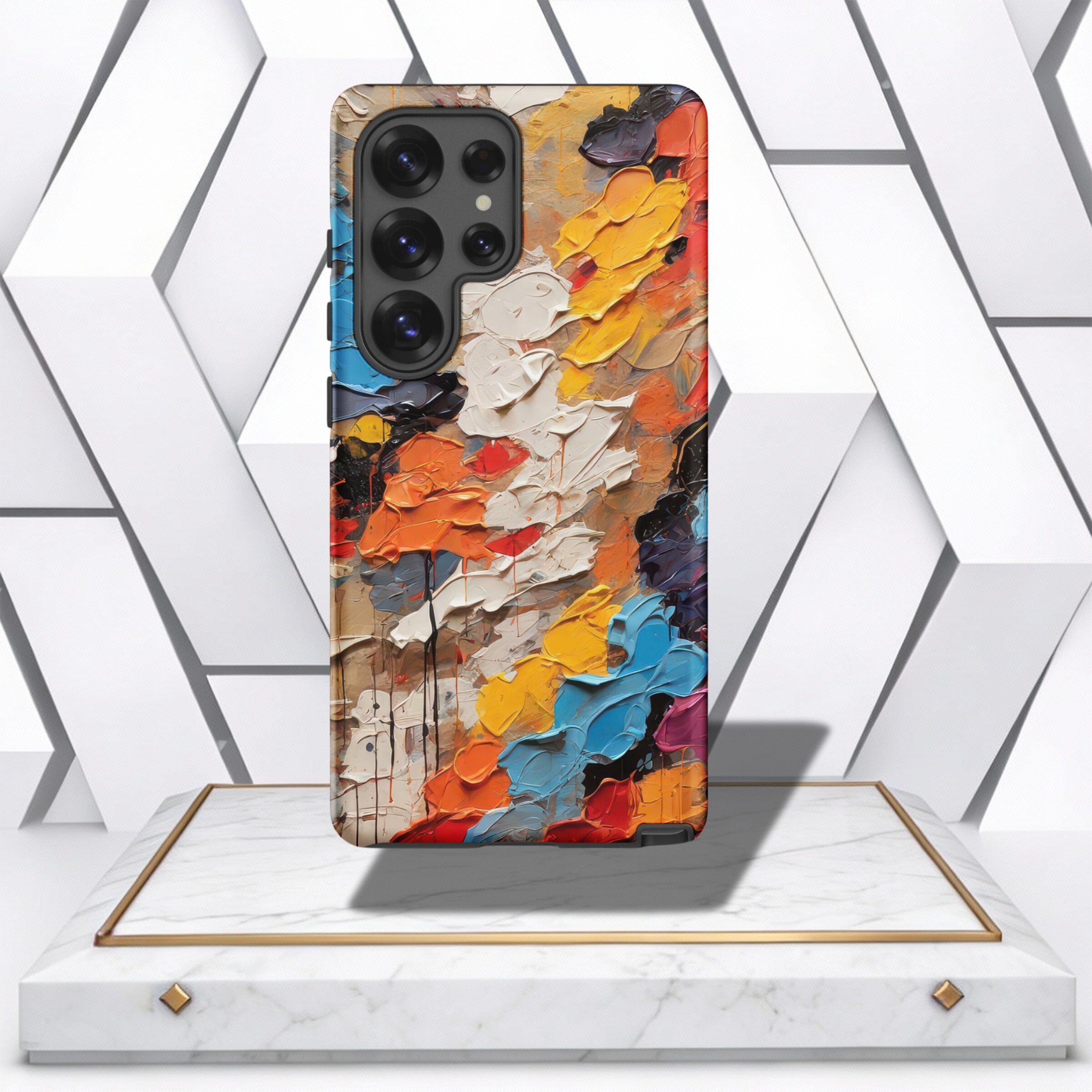 Coocosh phone case featuring an abstract oil painting design with thick brushstrokes, showcasing vibrant colors like blue, orange, and yellow on a Samsung Galaxy S23 Ultra. A stylish and protective accessory with a unique artistic touch. Stand view. Perio