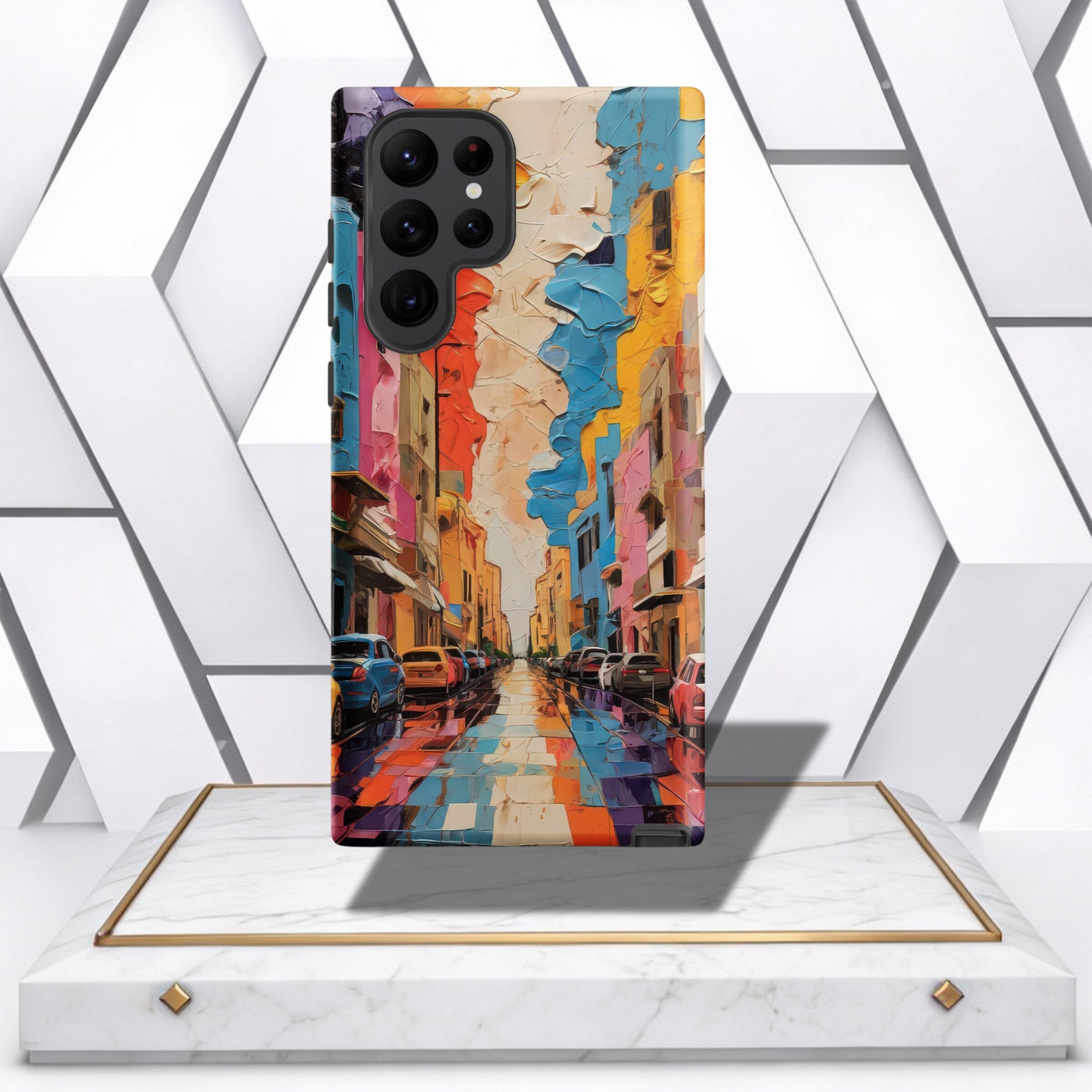 Coocosh phone case featuring a vibrant street scene painting. The case offers protection with a glossy finish, showcasing a colorful city street with reflections and cars. The artwork gives a unique touch to your phone. Available in standard size. Perfect