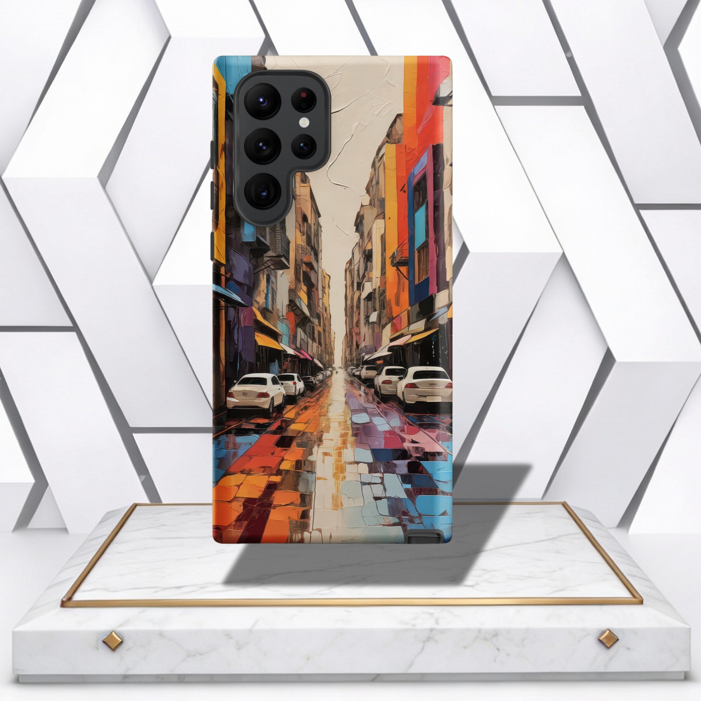 Coocosh Phone Case featuring an artistic city street scene design with colorful buildings and reflections on a wet surface. The case is black and showcases a vibrant perspective, perfect for style.