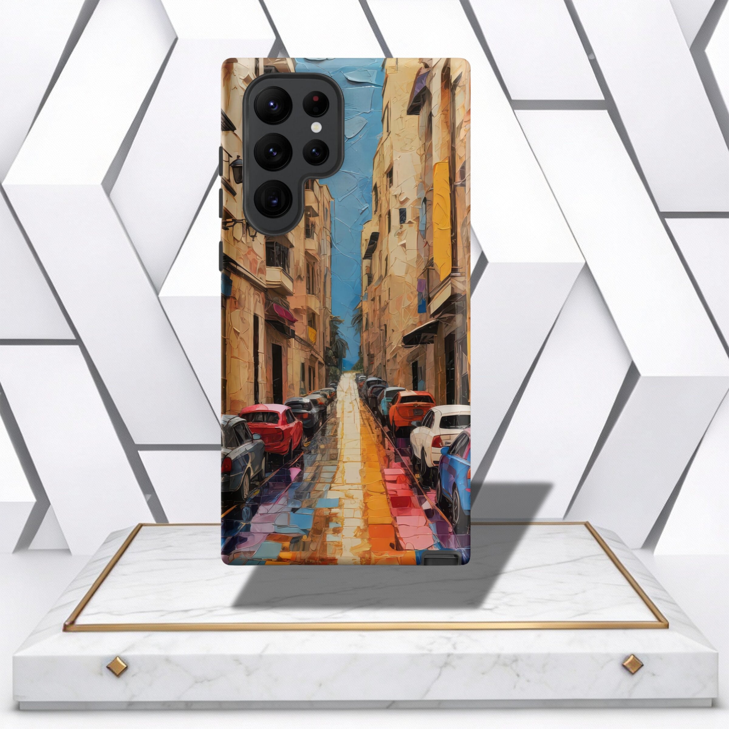 Coocosh Phone Case features an artistic cityscape street scene. Cars line the road in colorful hues, creating a vibrant and textured design for protection. Standard fit.