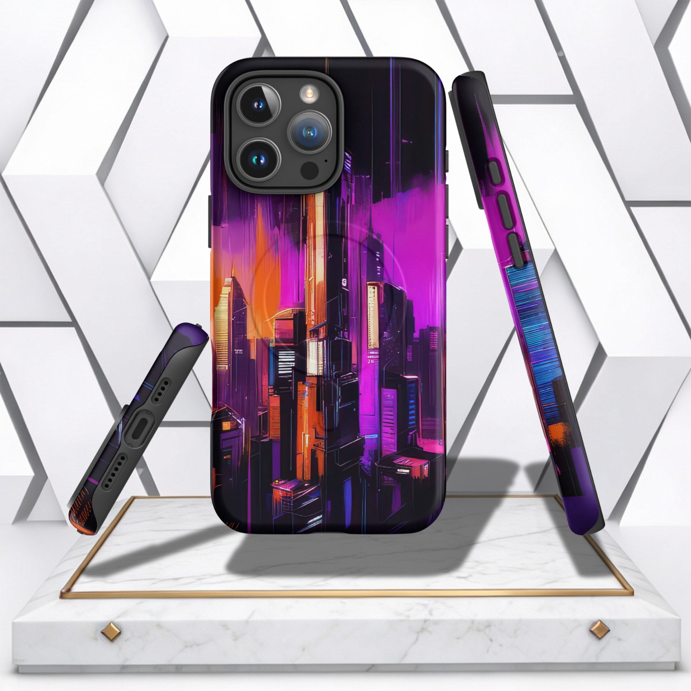 Coocosh phone case featuring a vibrant cityscape design with buildings in hues of purple, orange, and black, creating a modern and artistic look. The case is sleek and durable, adding a touch of style and protection to the device, showcased in a studio se