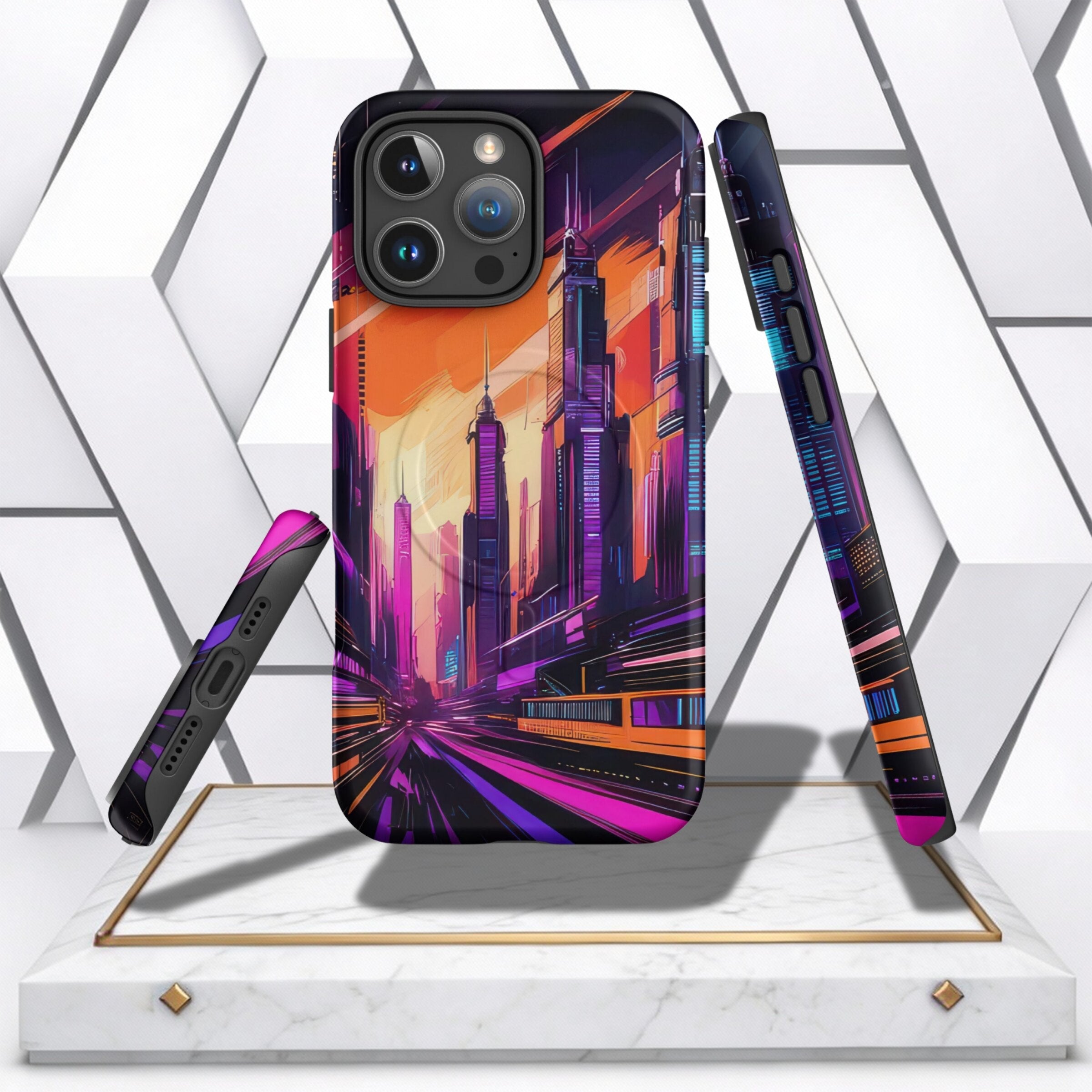 Coocosh iPhone Case featuring a futuristic city design, made of durable plastic, in vibrant orange, purple, and black hues, showcasing the case from multiple angles on a marble display.