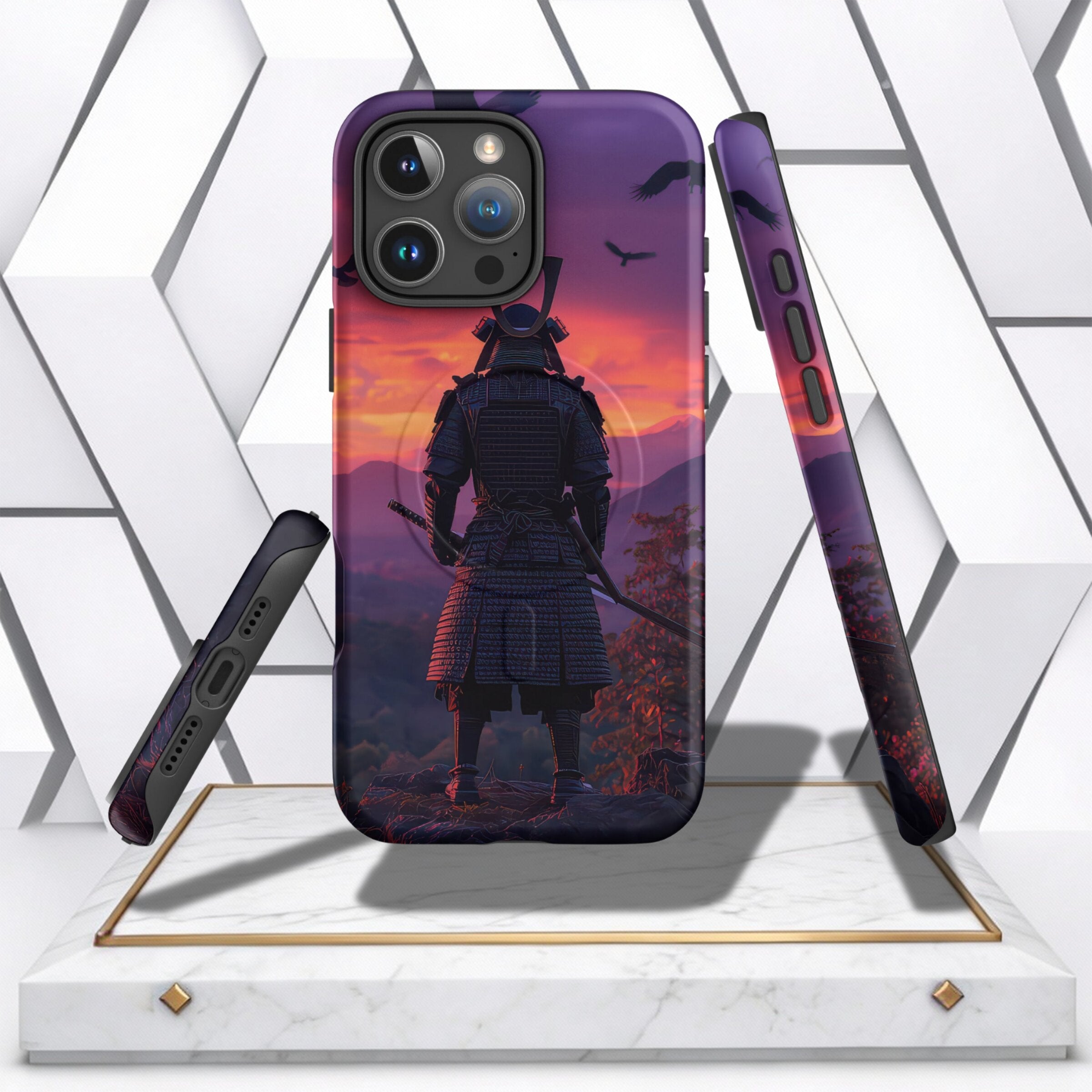 Coocosh Phone Case featuring a Samurai with Swords, in a striking sunset design, blending purple, orange, and black hues, providing durable protection. Great 360 product perspective.