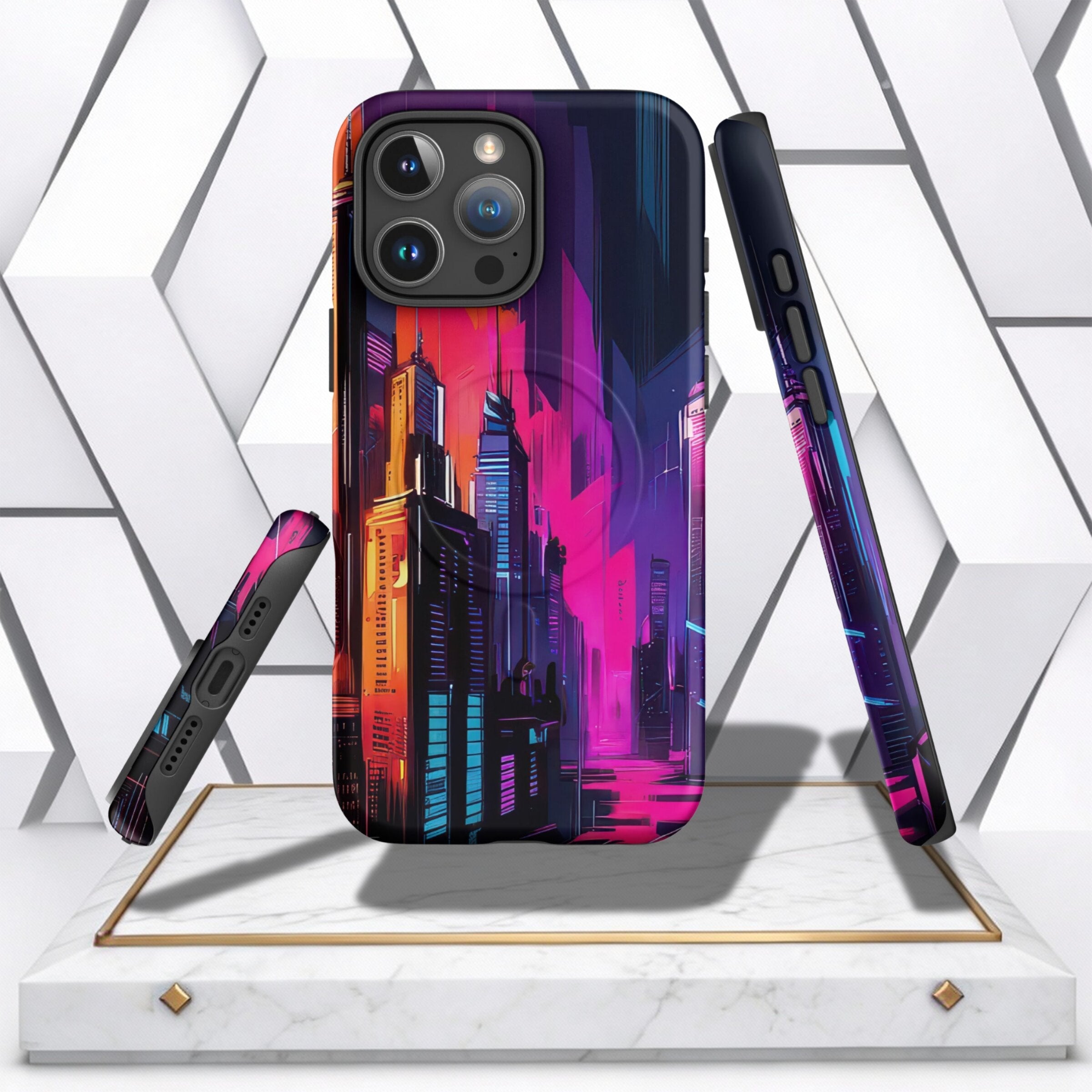 Coocosh Phone Case showcases a Vibrant Cityscape design, providing superior protection and style for your device. The futuristic design blends shades of purple, teal, and orange for a striking look, displayed in a dynamic product shot on a pedestal. Perio