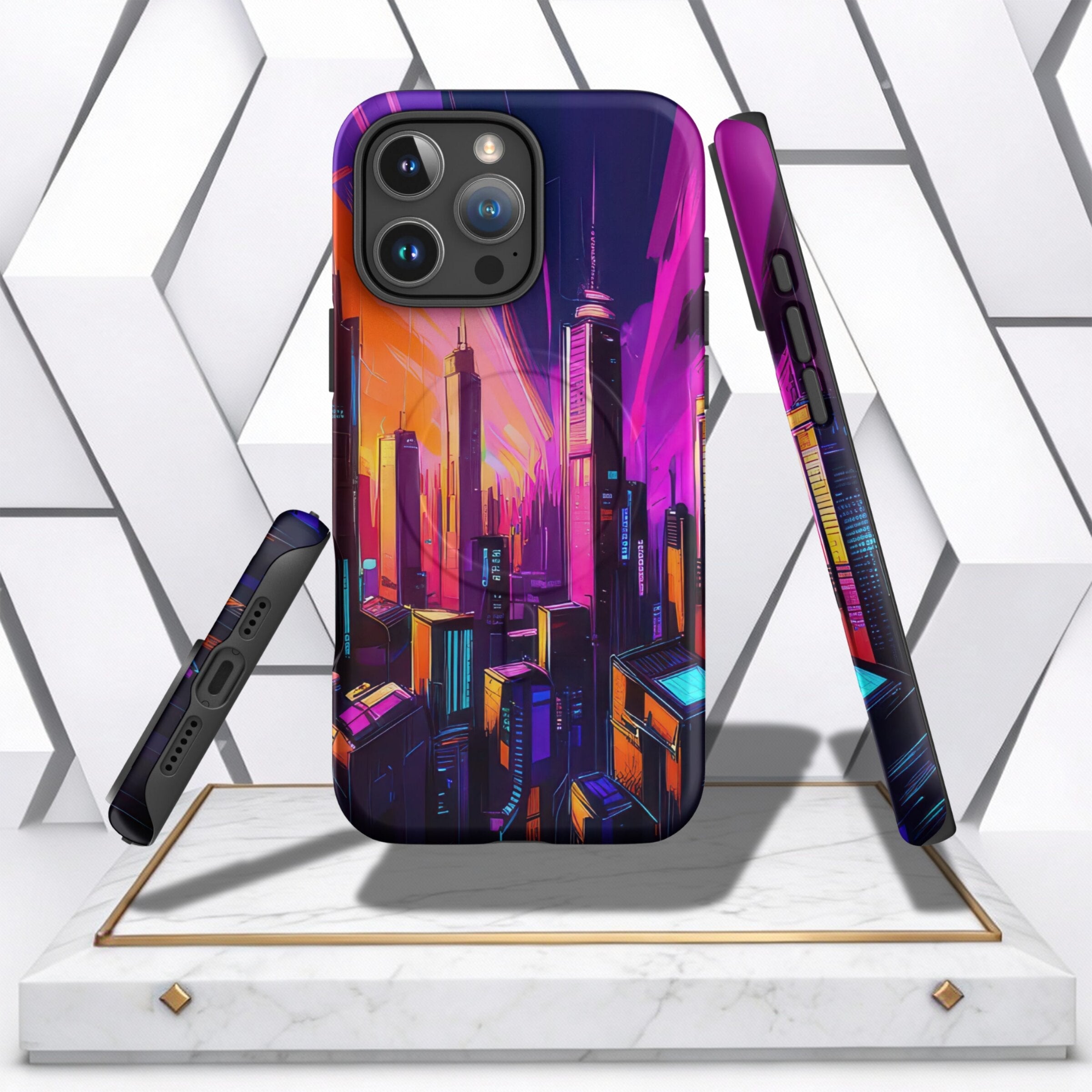 Coocosh phone case featuring a vibrant cityscape design with tall buildings in orange, purple, and blue hues, offering slim protection for iPhone with precise cutouts. Presented on a marble stand for showcase.