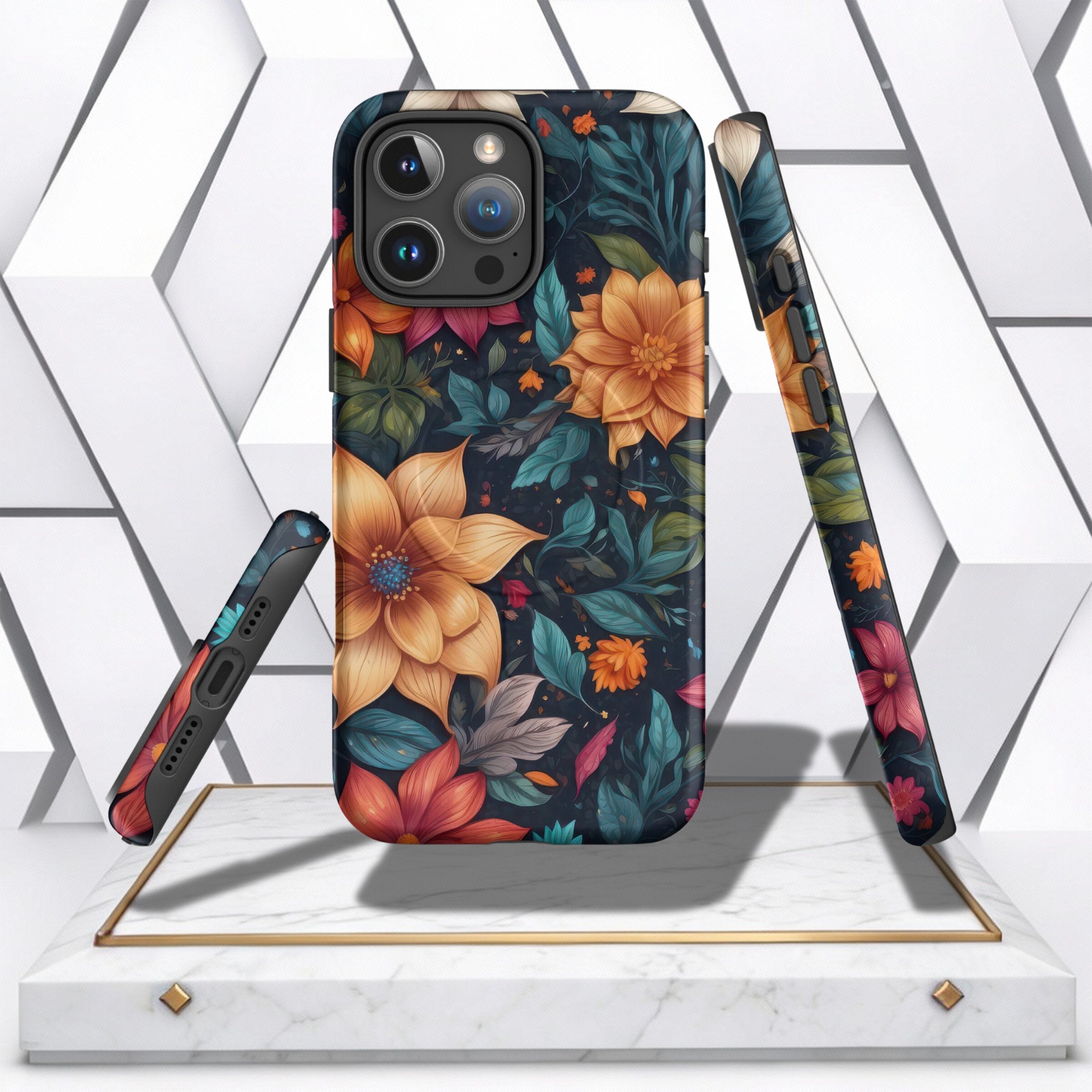 Coocosh phone case featuring a floral pattern with yellow and red flowers on a dark background, showcasing the case's design and phone protection from multiple angles on a display stand. The case appears durable and stylish, blending protection with flora