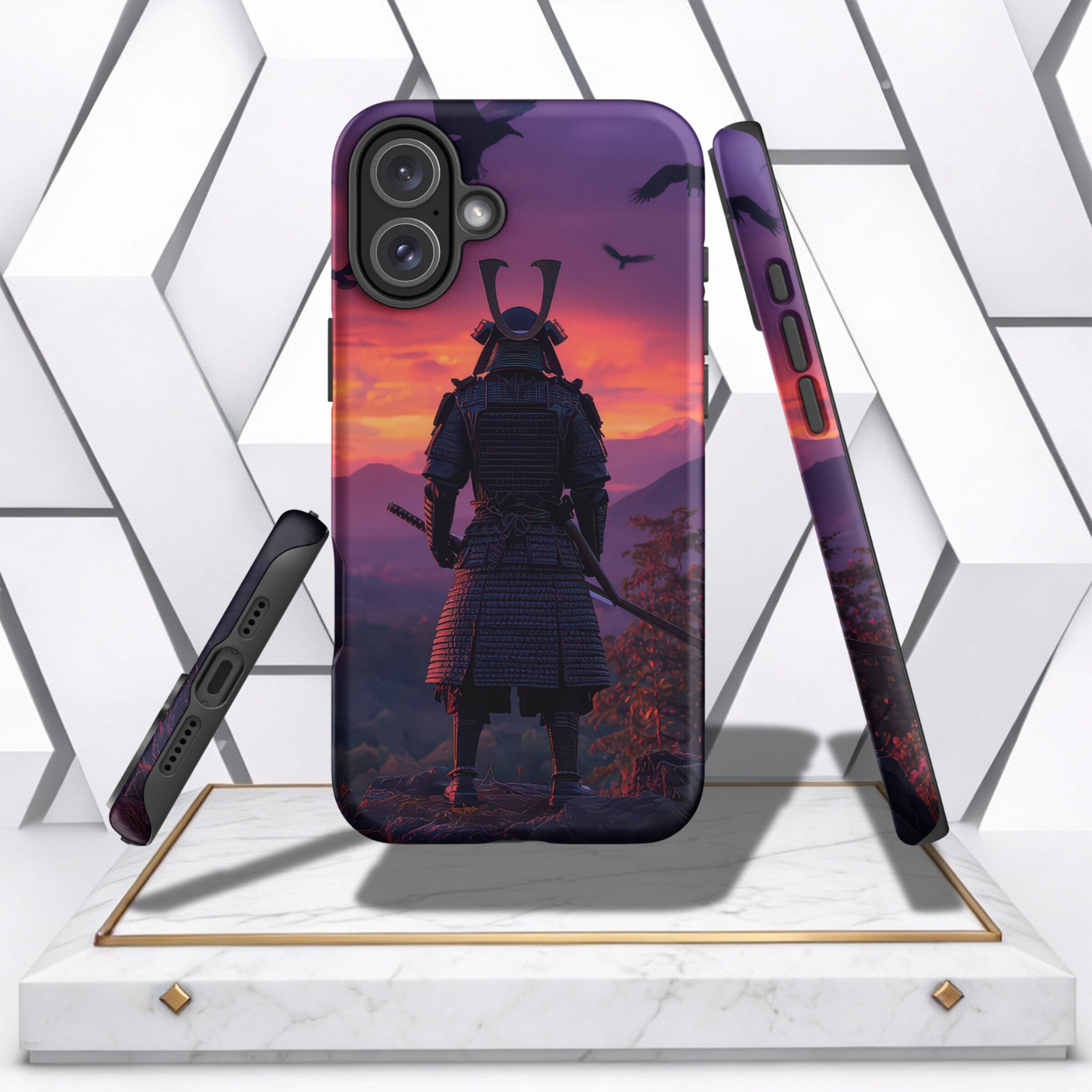 Coocosh iPhone Case with artistic samurai graphics, featuring a robust design suitable for protection against everyday wear and tear, perfect for any lifestyle.
