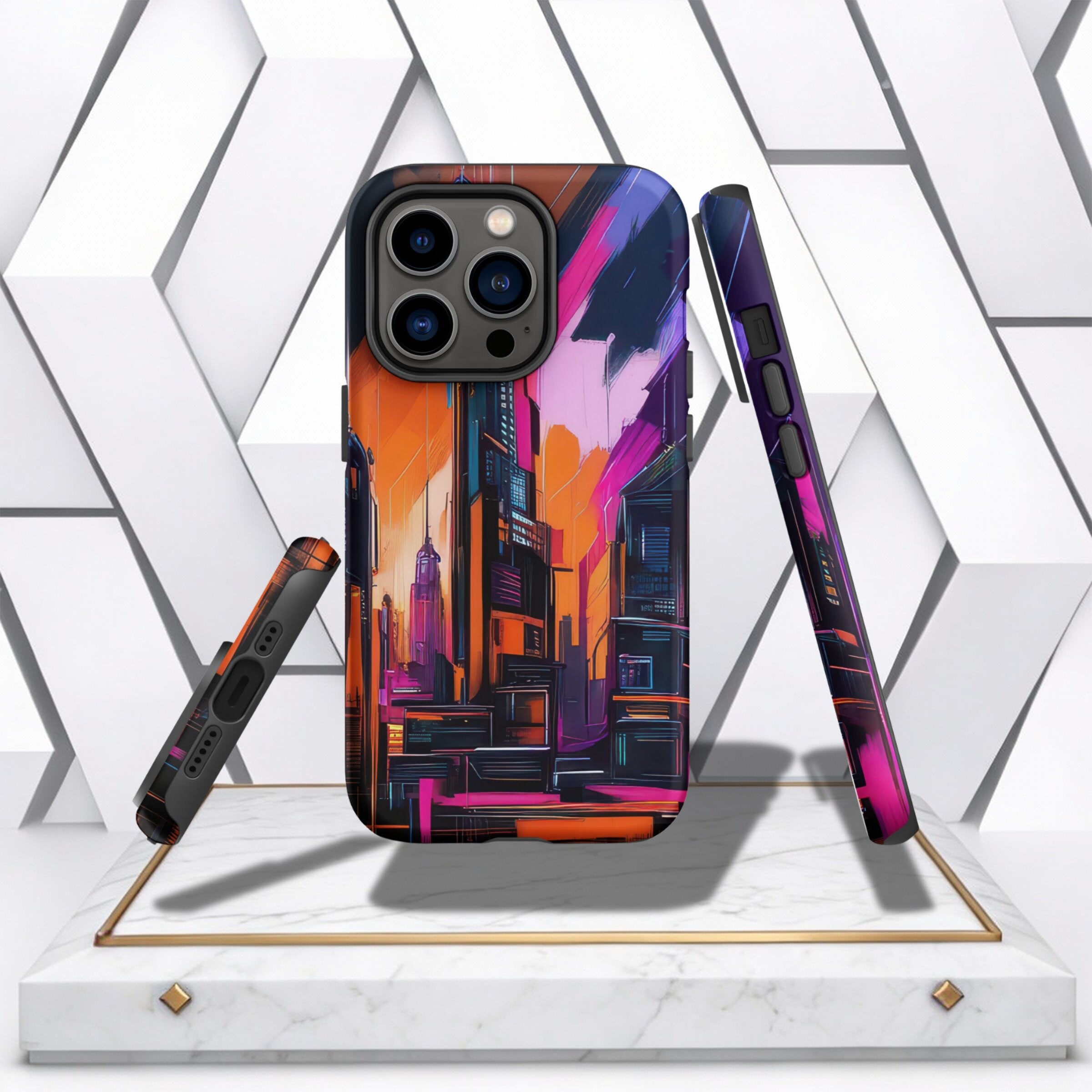 Coocosh impact-resistant iPhone case showcasing a radiant neon skyline in vibrant colors, perfect for tech lovers who appreciate both protection and stylish designs.