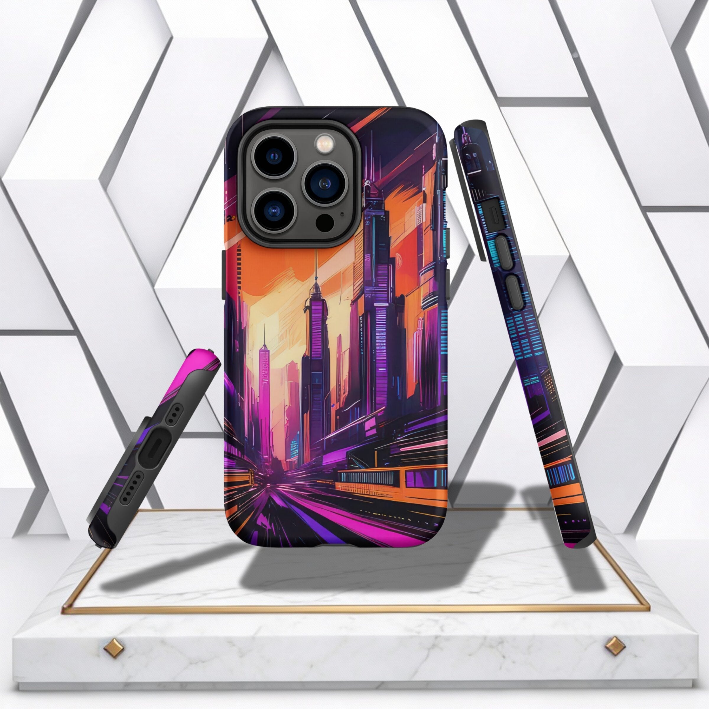Coocosh vibrant case for iPhone showcasing a bold neon skyline, made for those who appreciate stylish and effective device protection.