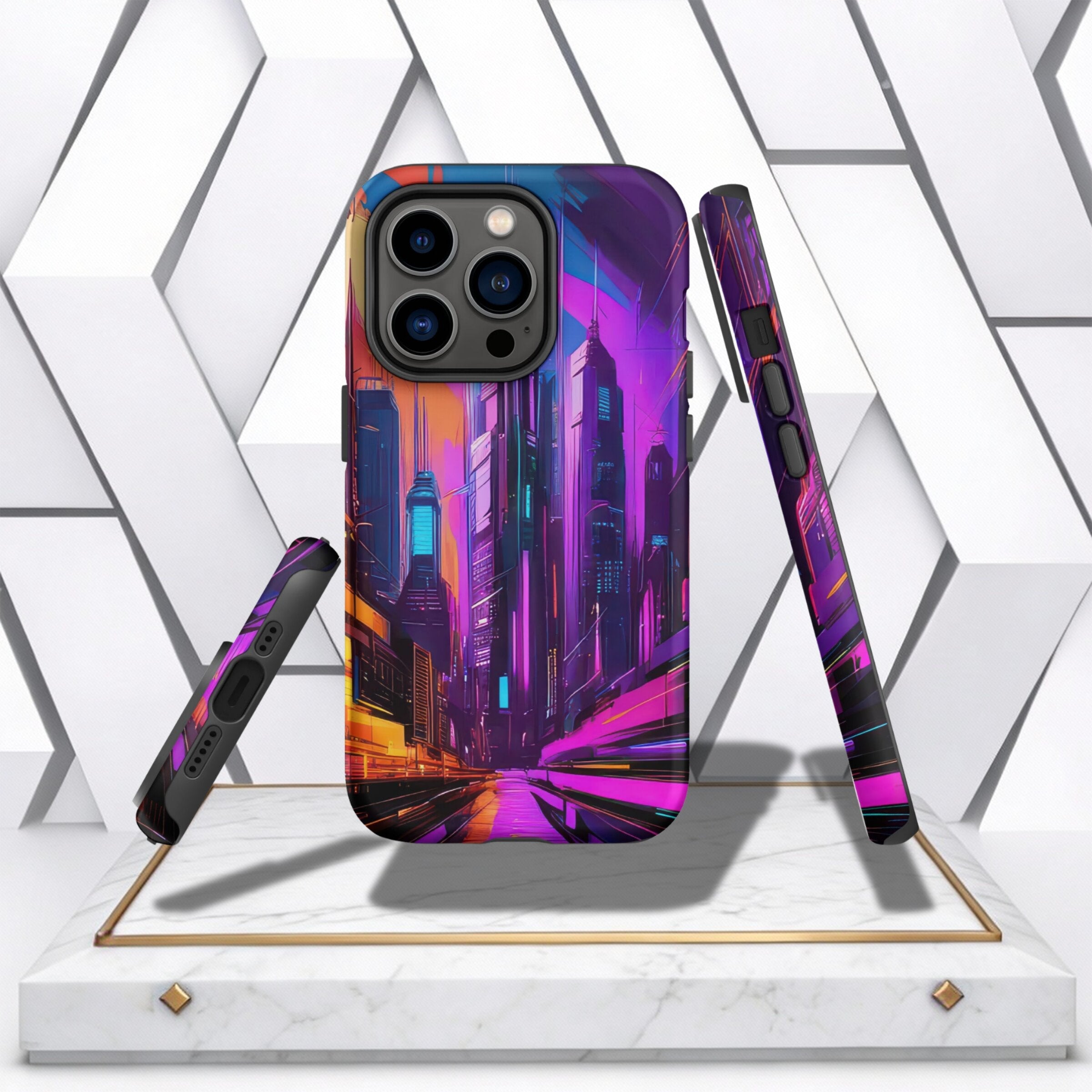 Coocosh iPhone 12 case with a bold neon city skyline, constructed from durable materials for lasting protection, featuring bright hues of pink and orange for a stylish touch.