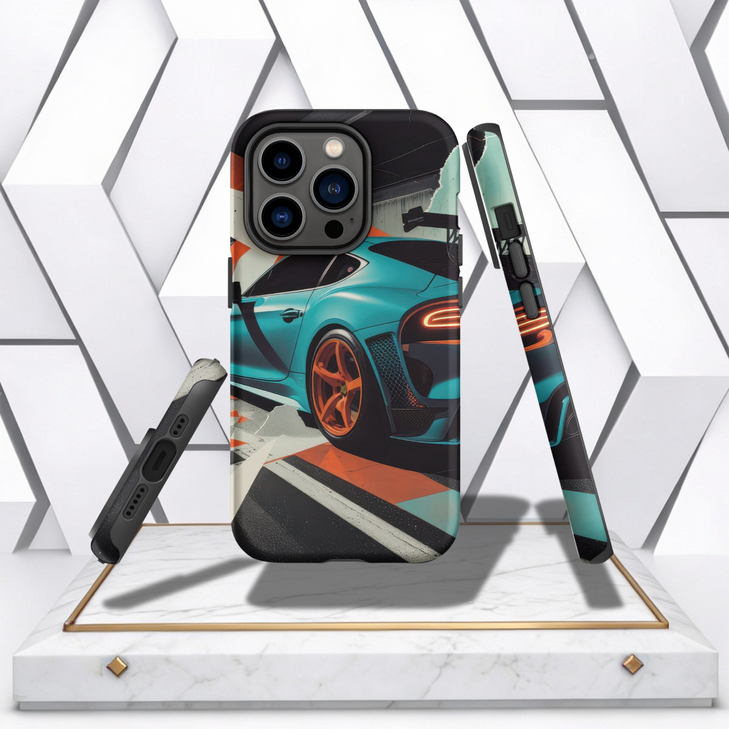 Coocosh Phone Case with a sleek, durable design featuring a vibrant car graphic, showcasing the orange rims and turquoise body. Made for protection and style with a glossy finish. Angled perspective.
