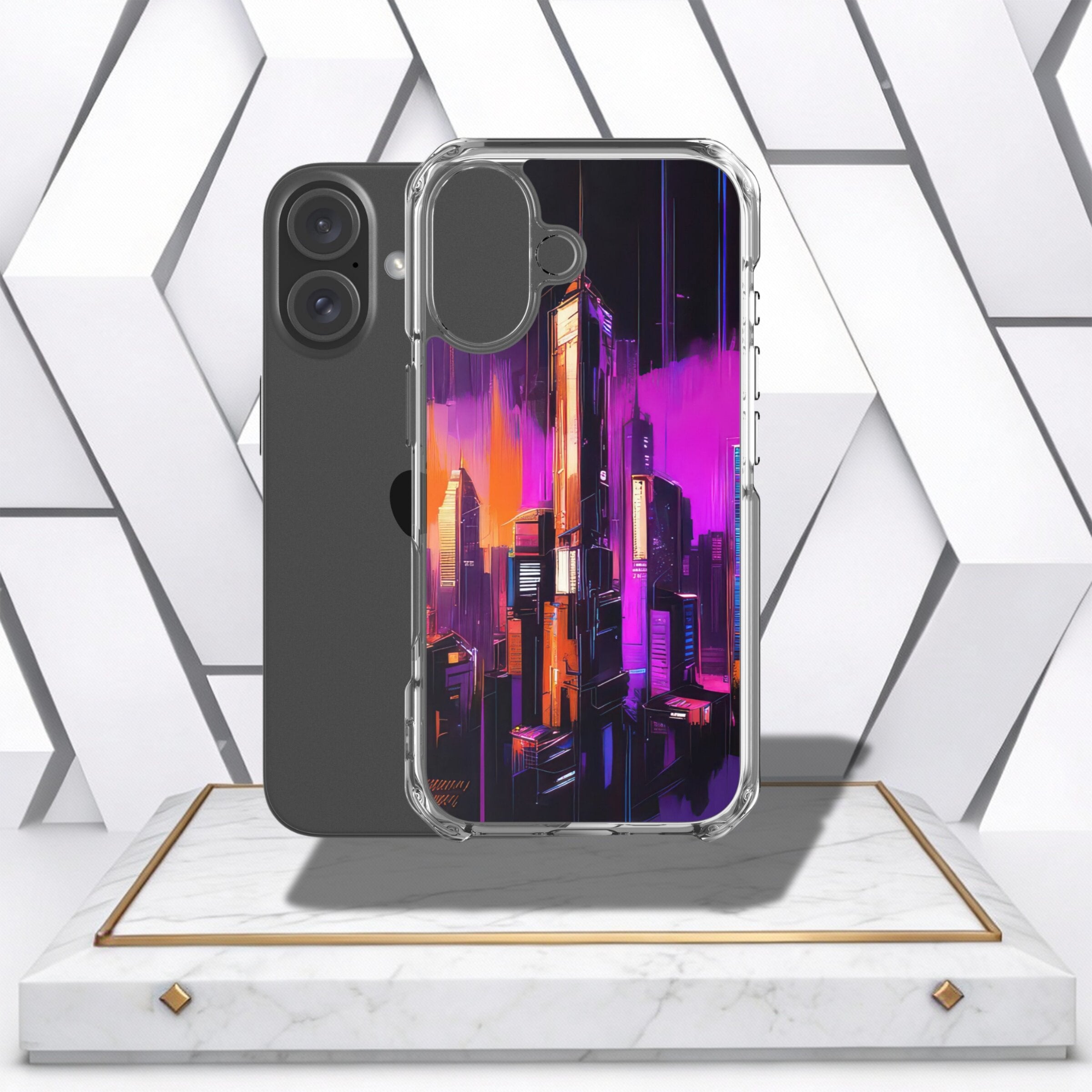 Coocosh phone case featuring a vibrant city skyline art design, clear protective shell, showcased on a marble display stand with gold accents. Modern geometric background provides context. Phone and case.