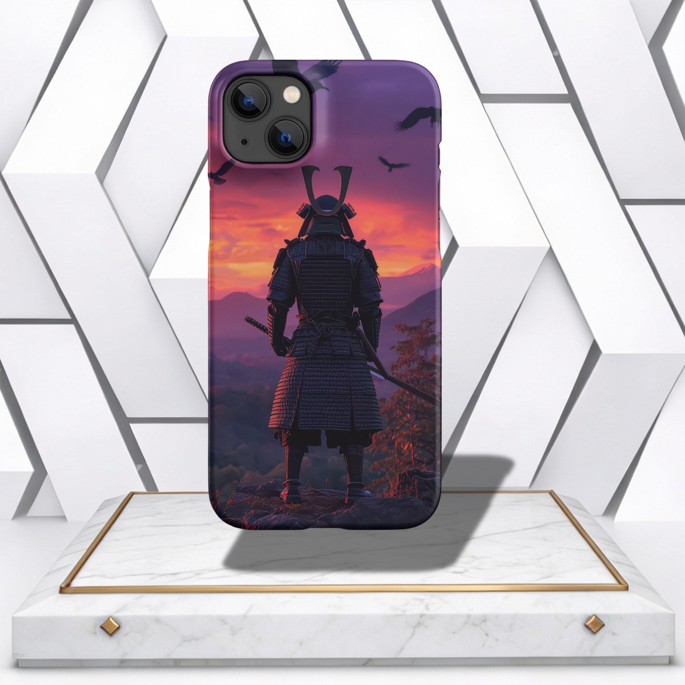 Coocosh Phone Case featuring a stunning samurai warrior and dramatic sunset design. The case is durable and provides excellent protection while showcasing unique artistry, adding a bold statement to your phone. Period.