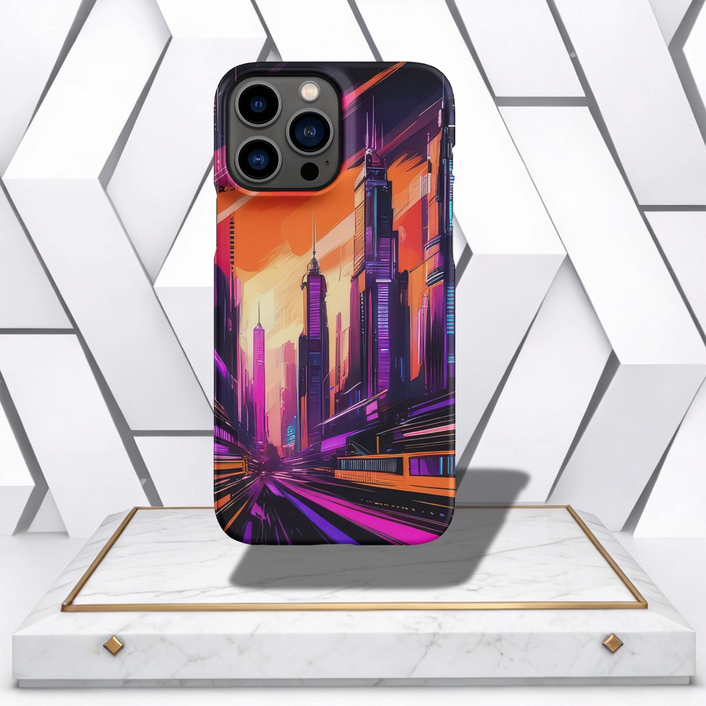 Phone case with a futuristic cityscape design on a white geometric background