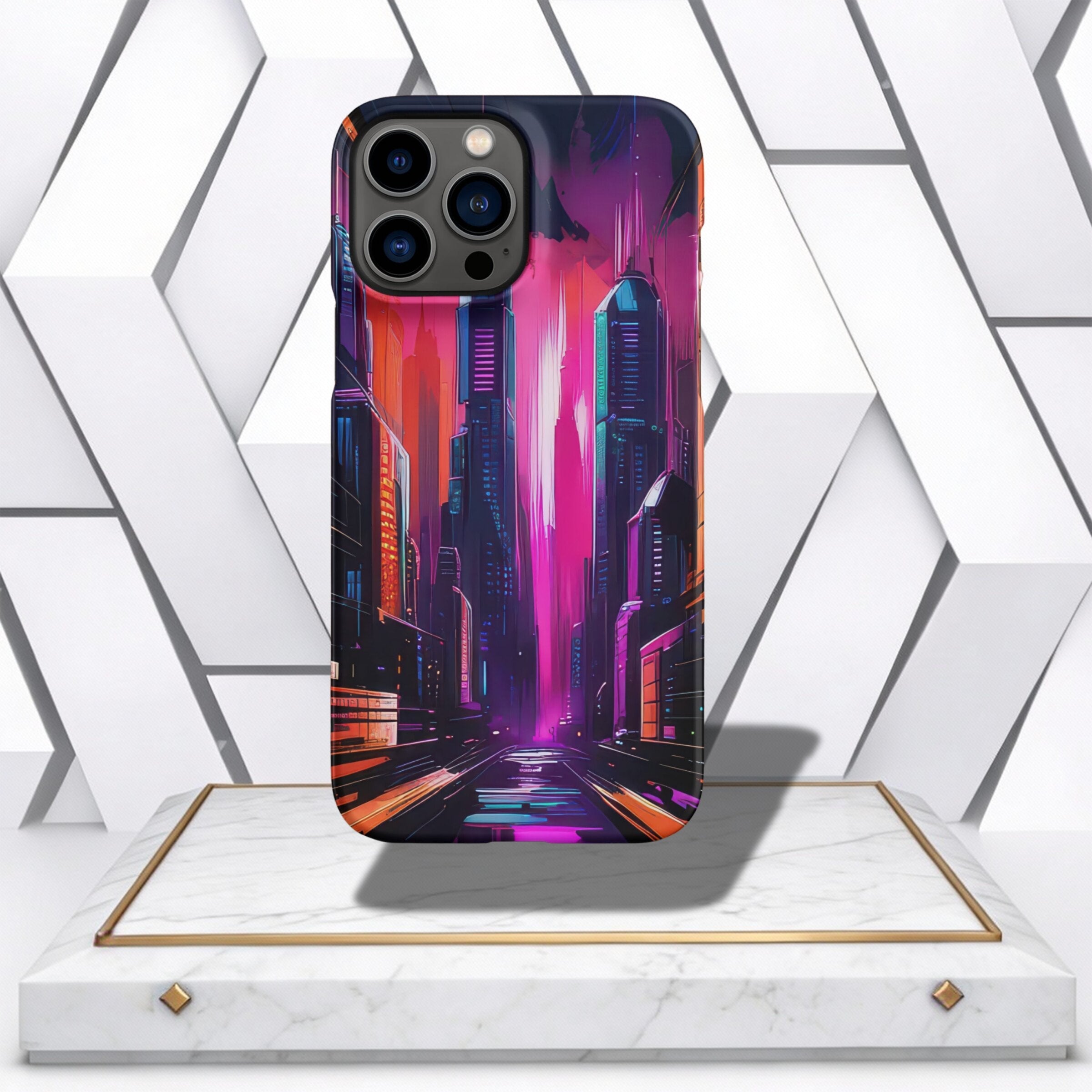 Coocosh phone case with a stunning design of a pink and orange urban skyline, designed to protect your device while enhancing your daily outfit.