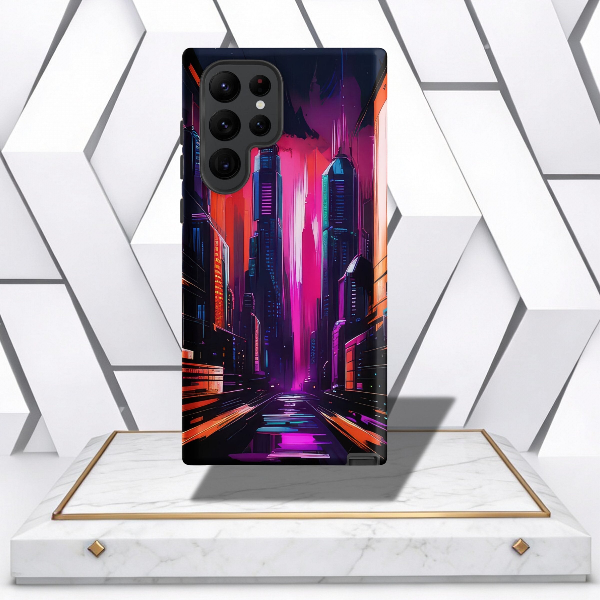 Coocosh Phone Case features a vibrant cityscape design, printed on durable material in vivid, neon colors. Showcase your style with this unique, eye-catching case. A perfect blend of art and protection. Modern aesthetic with dimensions suited to a phone, 