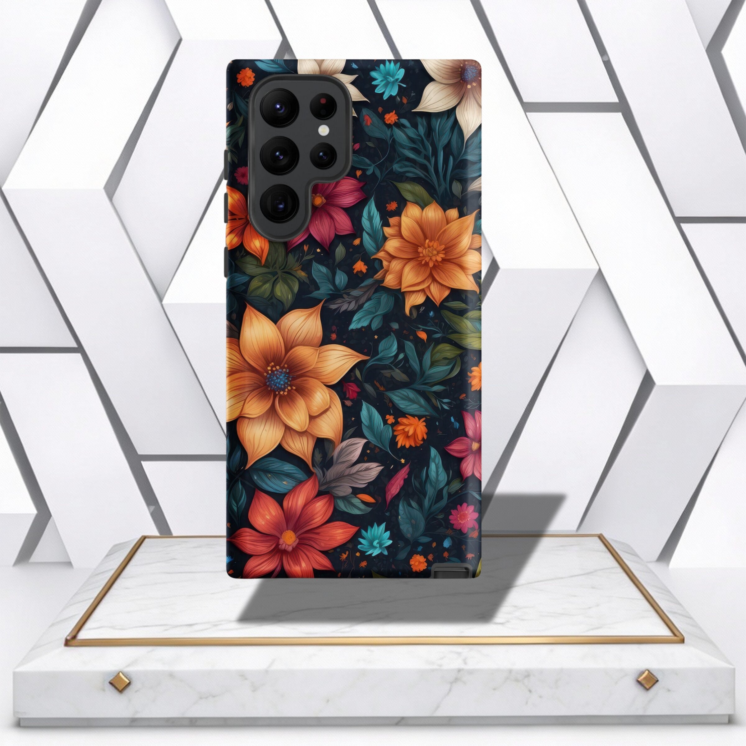 Coocosh phone case featuring a floral design with orange, red, and teal flowers against a dark background, showcasing vibrant colors and a stylish look. Full product shot.