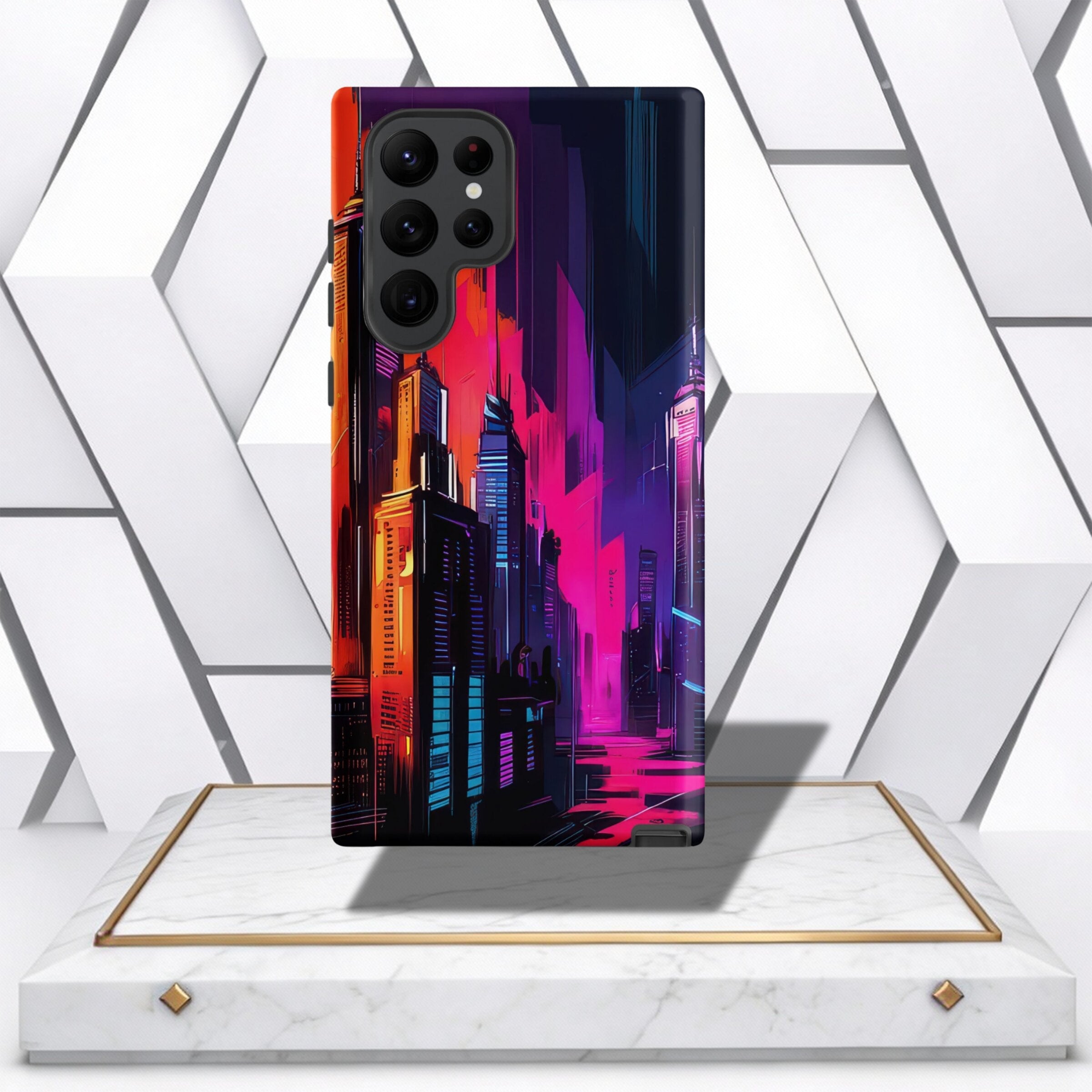 Coocosh Phone Case featuring an abstract cyberpunk cityscape design with skyscrapers and vibrant red, pink, and blue colors viewed from a low-angle perspective. Great protection.