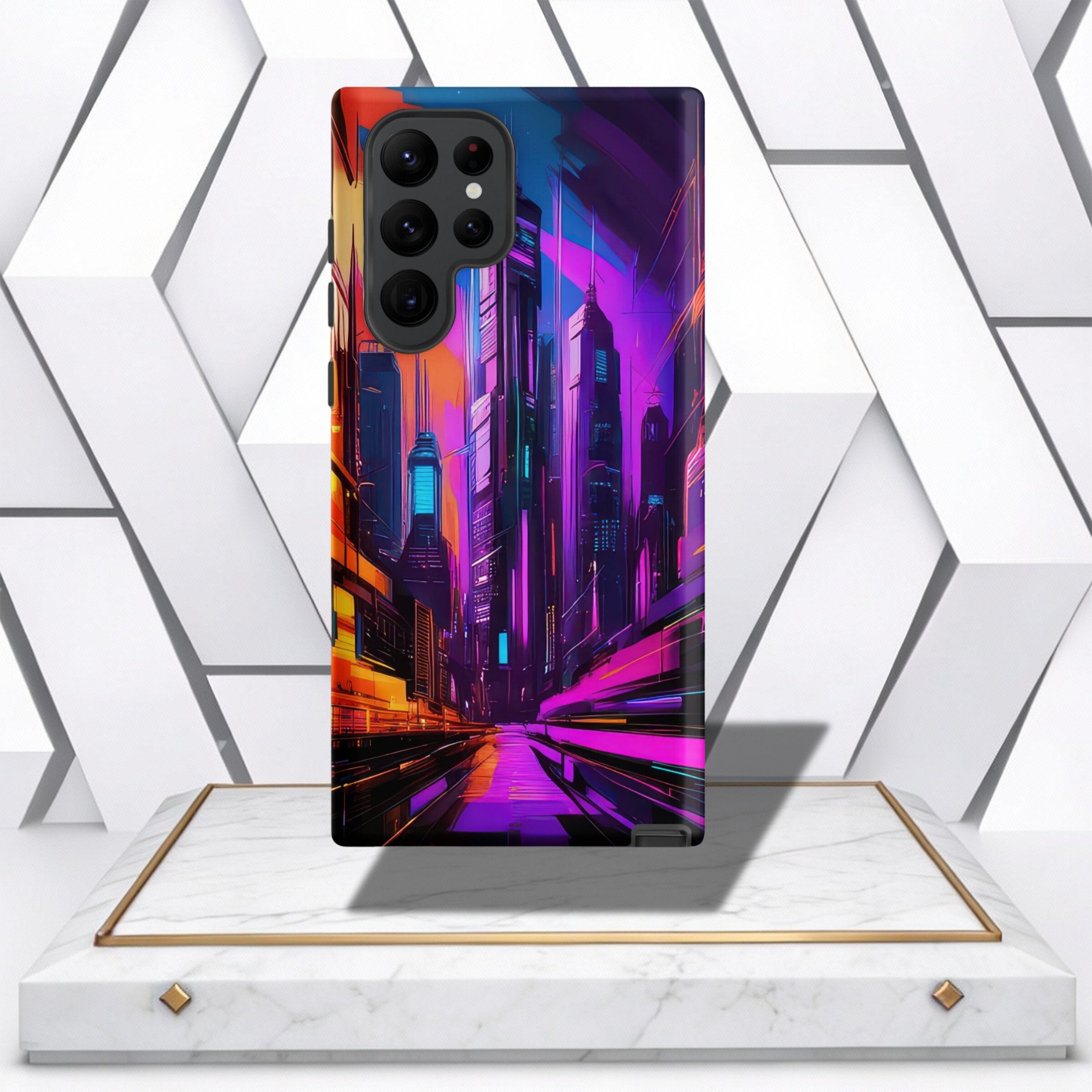 Coocosh Phone Case featuring a vibrant futuristic city design, offering protection and style for your device. Showcases colorful cyberpunk cityscape art. A modern accessory for tech lovers. Dimensions appropriate for device displayed. On a pedestal.