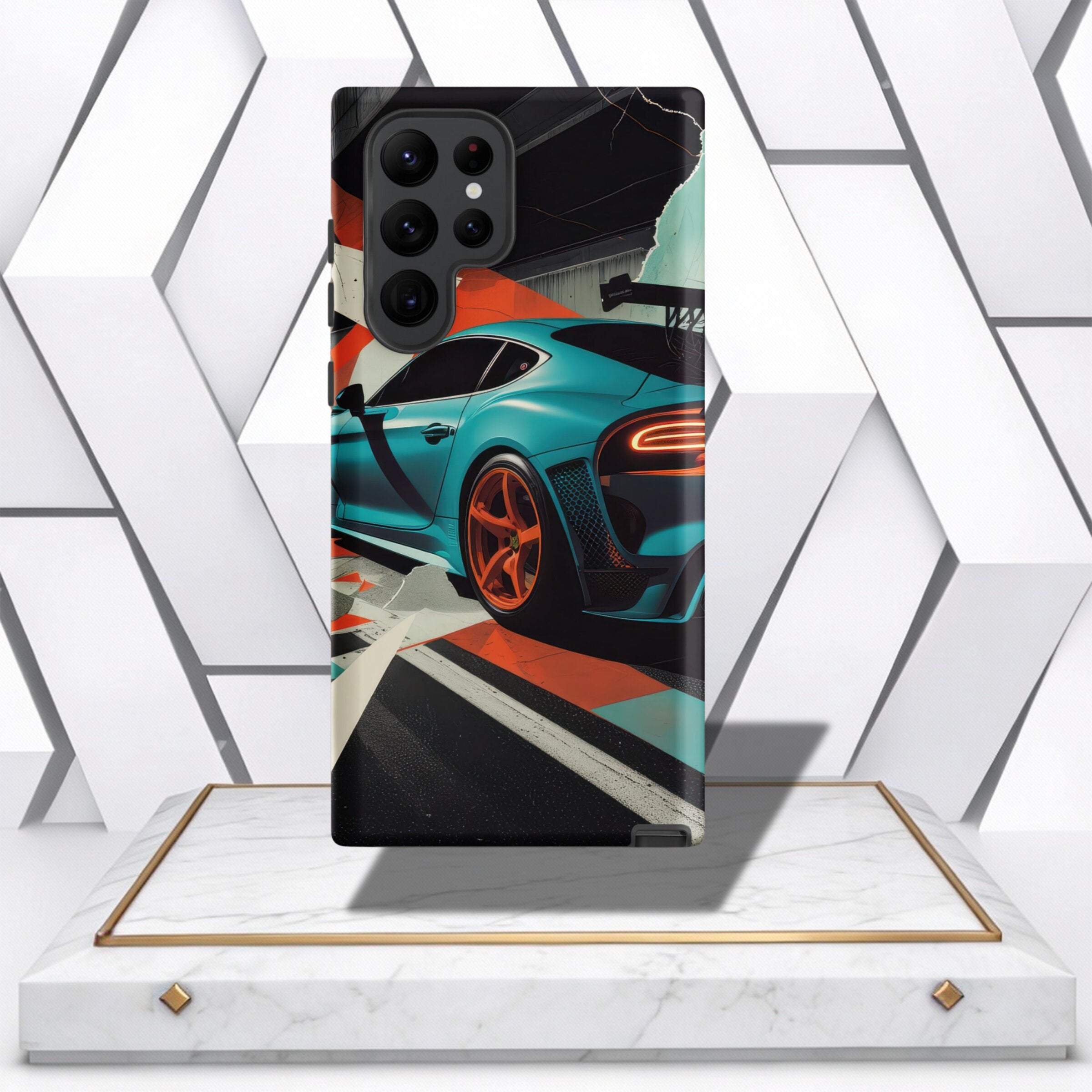 Coocosh Phone Case featuring a vibrant abstract sports car design for a modern look. This case provides durable protection with a sleek finish. Bold automotive style, standard size. On a display stand. Period.