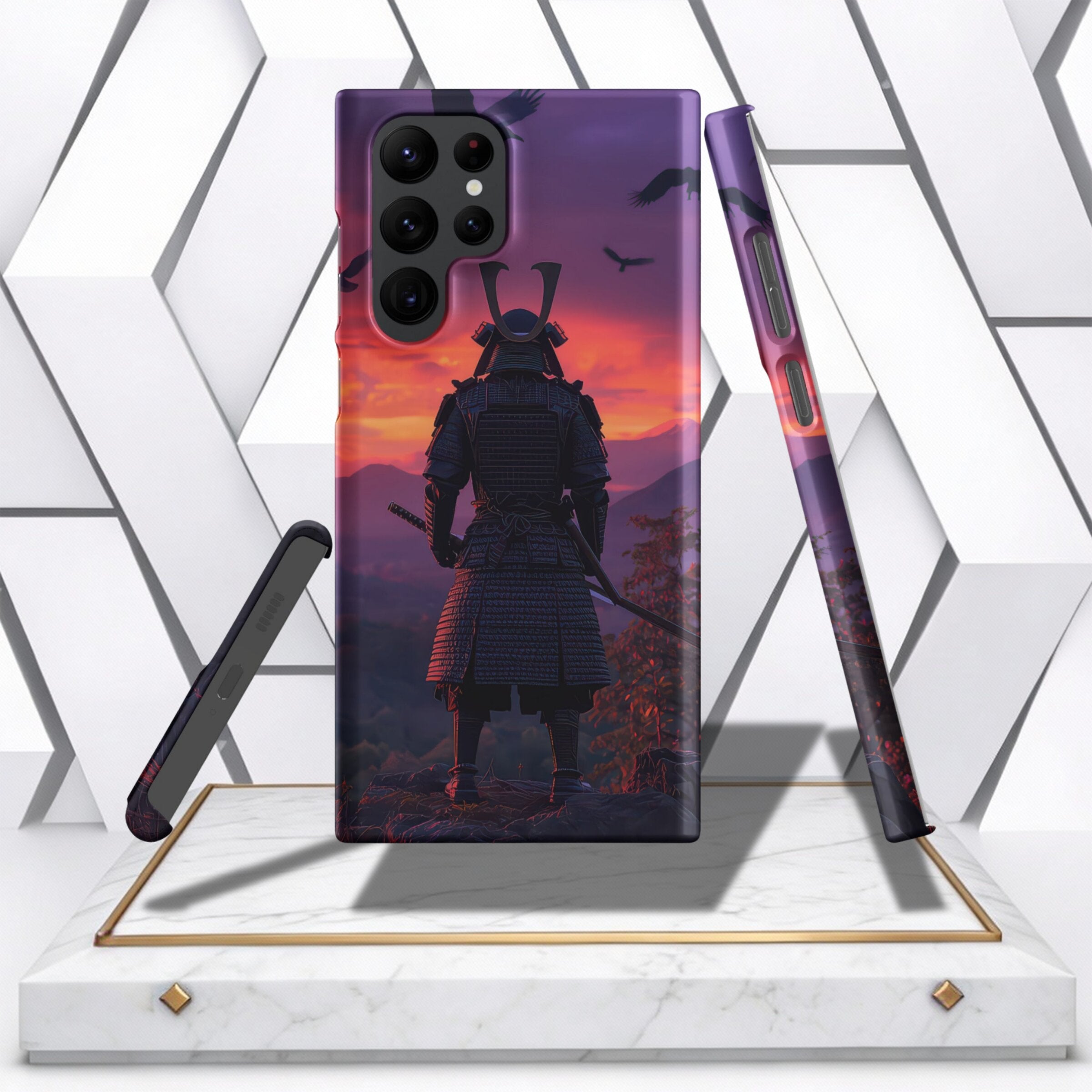 Coocosh Phone Case showcases a Samurai design with a purple and orange sunset background, offering protection and style. The case fits standard smartphones and provides easy button access. Adds a unique, artistic touch to your device. Durable and scratch-