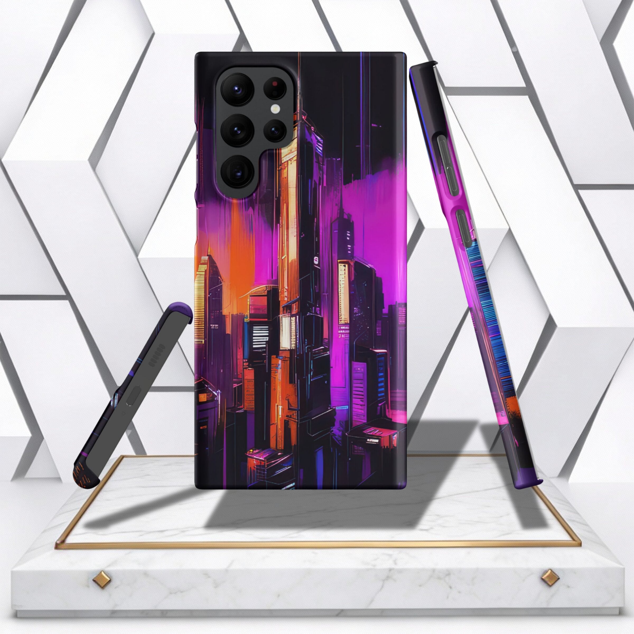 Coocosh Phone Case featuring a vibrant, abstract cyberpunk cityscape design with a dark background, vivid pink and orange accents, showcased on a marble display stand. A stylish phone accessory.
