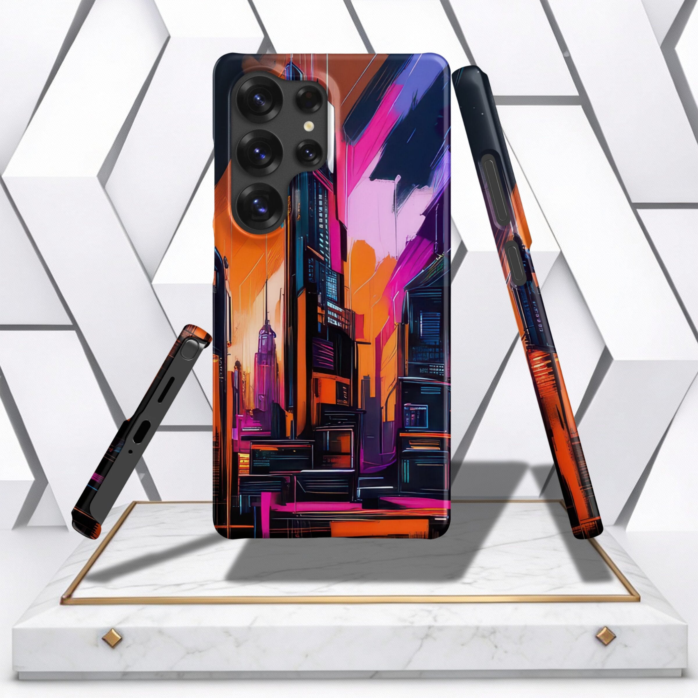 Coocosh Phone Case featuring an abstract city design in bold orange and purple hues, showcased on a white marble stand with gold accents. Presented for a modern, stylish look. This standard case offers protection while making a statement. A perfect blend 