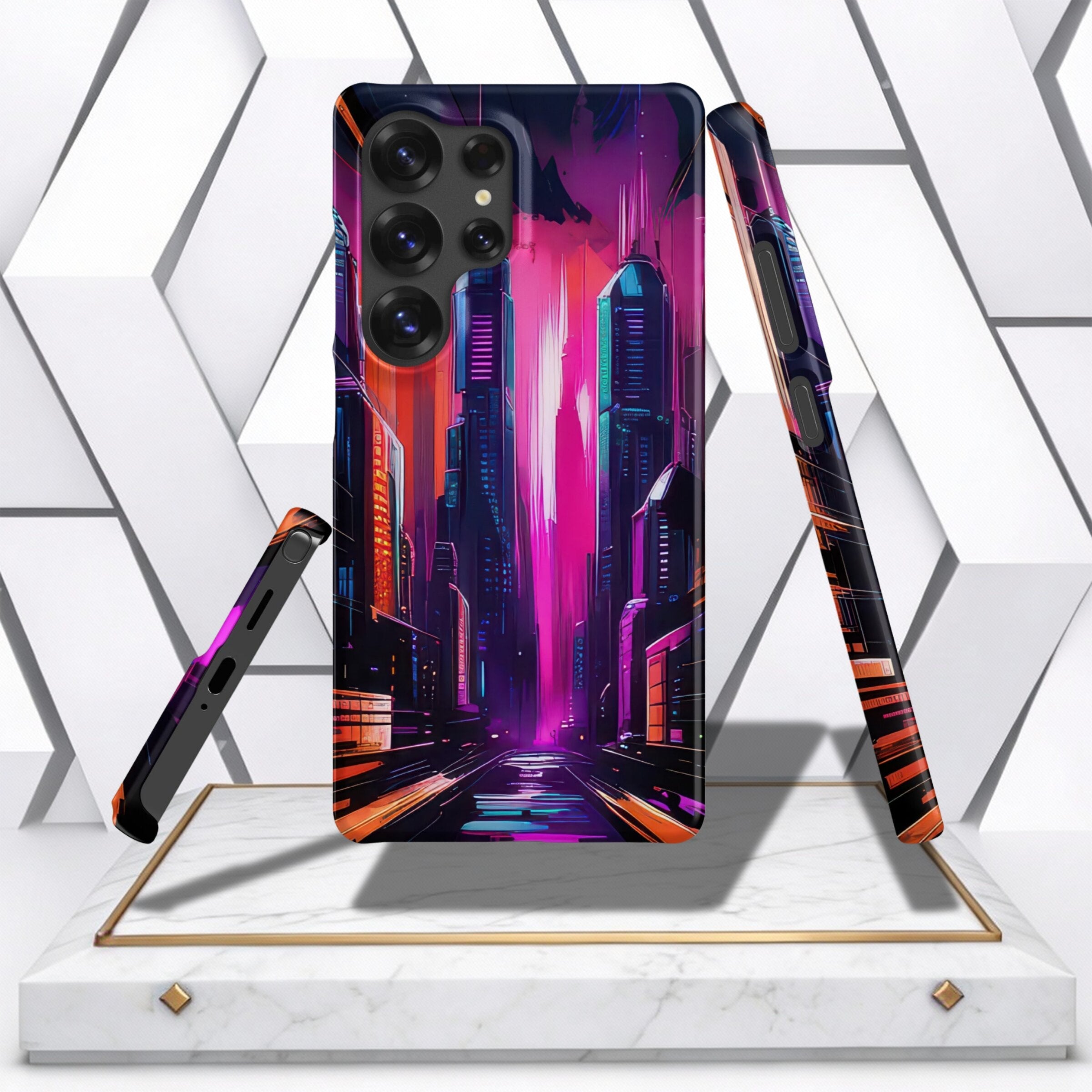 Coocosh Phone Case showcasing a cyberpunk-style city illustration, featuring vibrant purple and orange hues, offering stylish protection, showcased in a dynamic, floating product shot. Period.