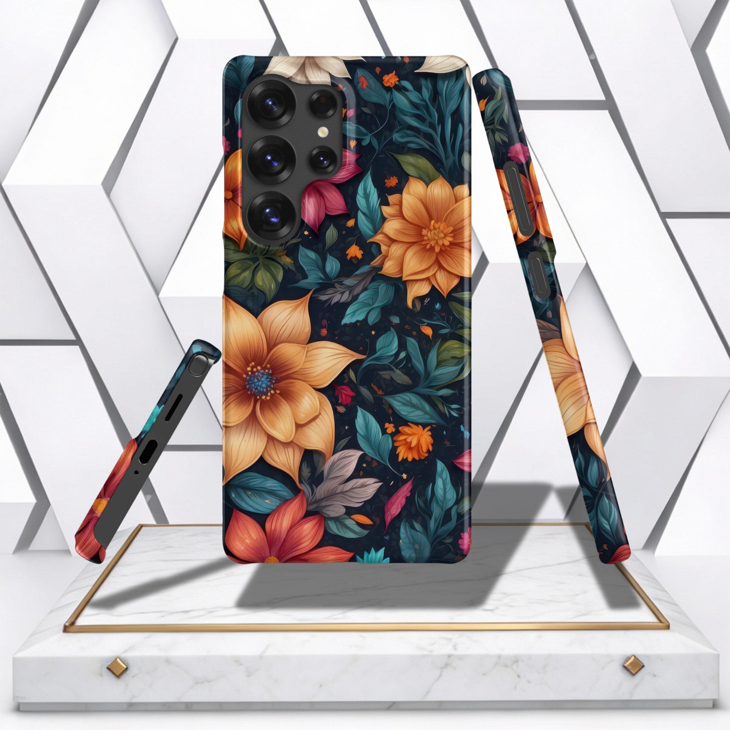 Coocosh phone case featuring a vibrant floral design on a sleek, durable material. The dark background accentuates the colorful flowers, offering both style and protection. Standard.