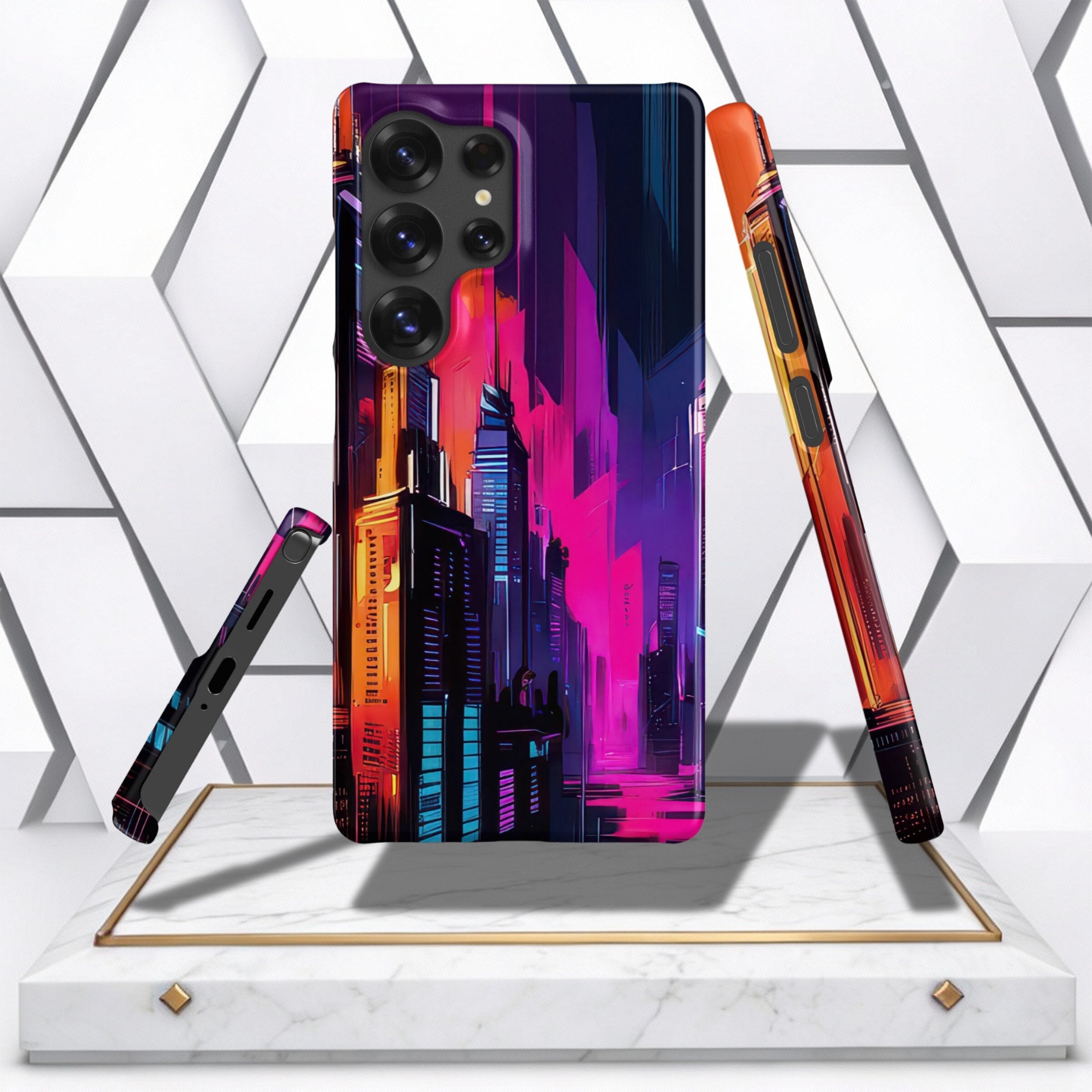 Coocosh Phone Case featuring a vibrant neon city design, offering durable protection and a stylish look for your device. The case showcases an eye-catching cityscape. The colors provide a bold and modern aesthetic. Perfect to stand out and protect your ph