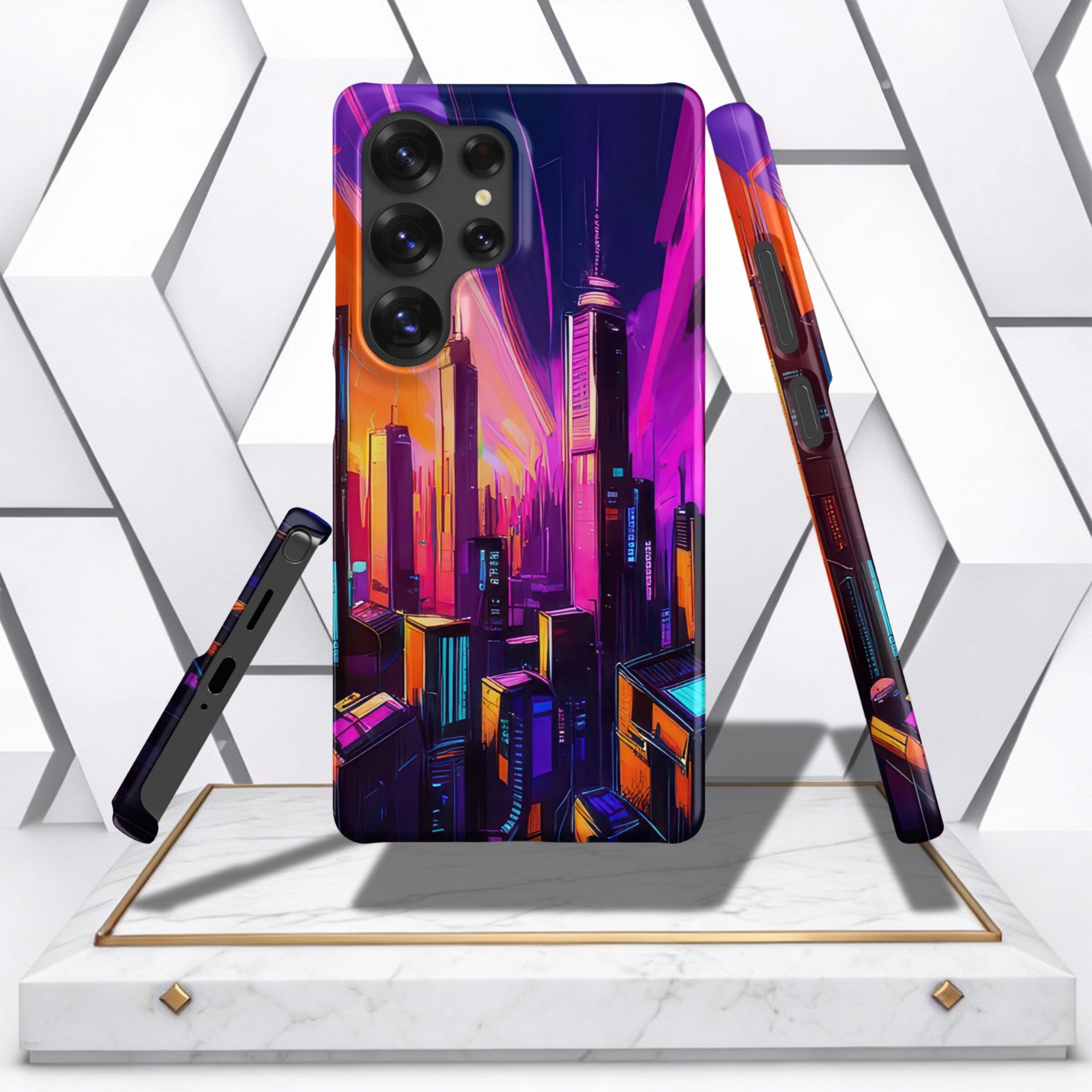 Coocosh phone case featuring a vibrant, futuristic city design with tall skyscrapers and neon lighting in shades of purple, orange and blue. The case is designed for standard sized phones and is presented on a marble display stand offering a high-end prod