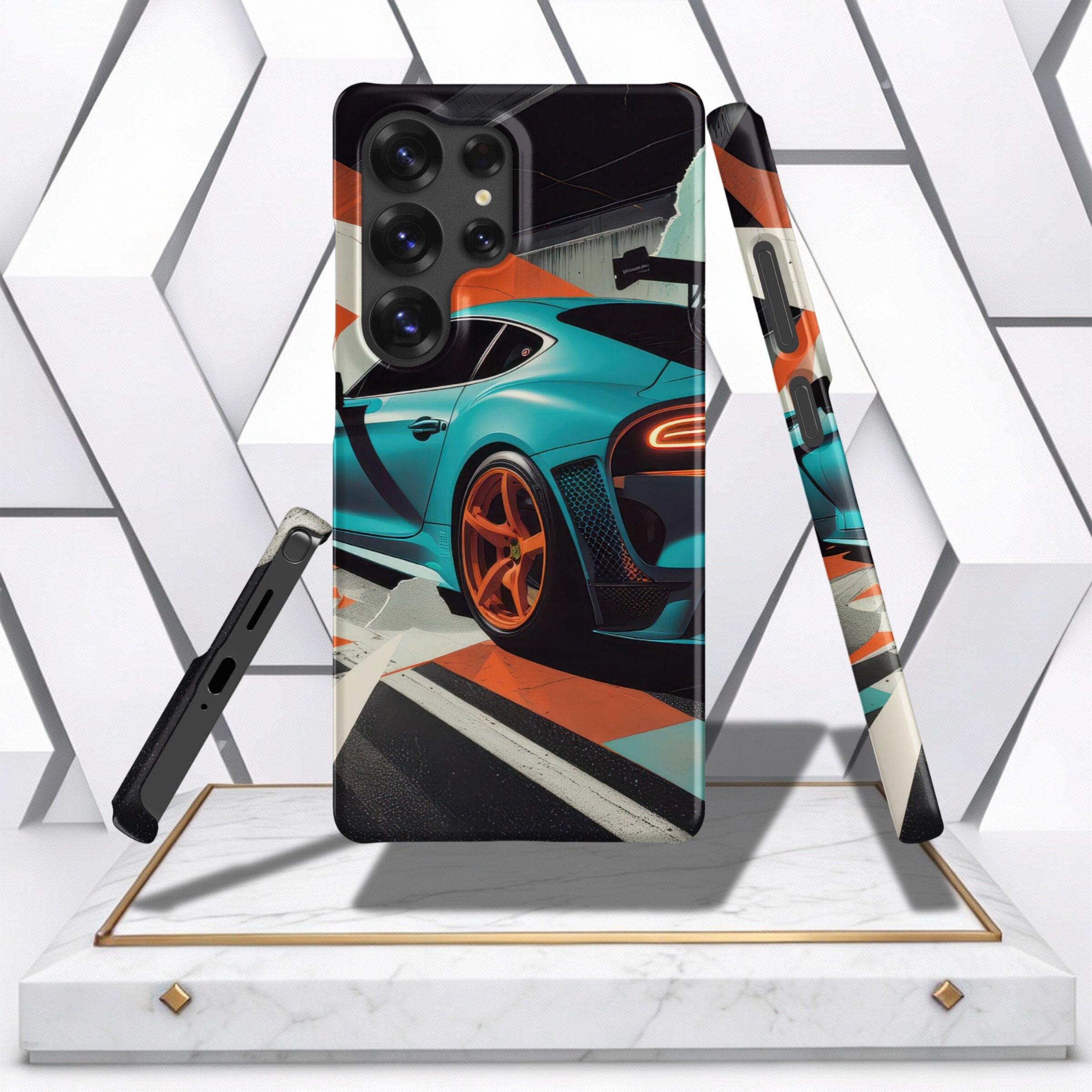 Coocosh Phone Case showcasing a striking teal race car design, blending modern art with automotive flair. Durable protection for your device, full access, standard fit. A standout statement piece..