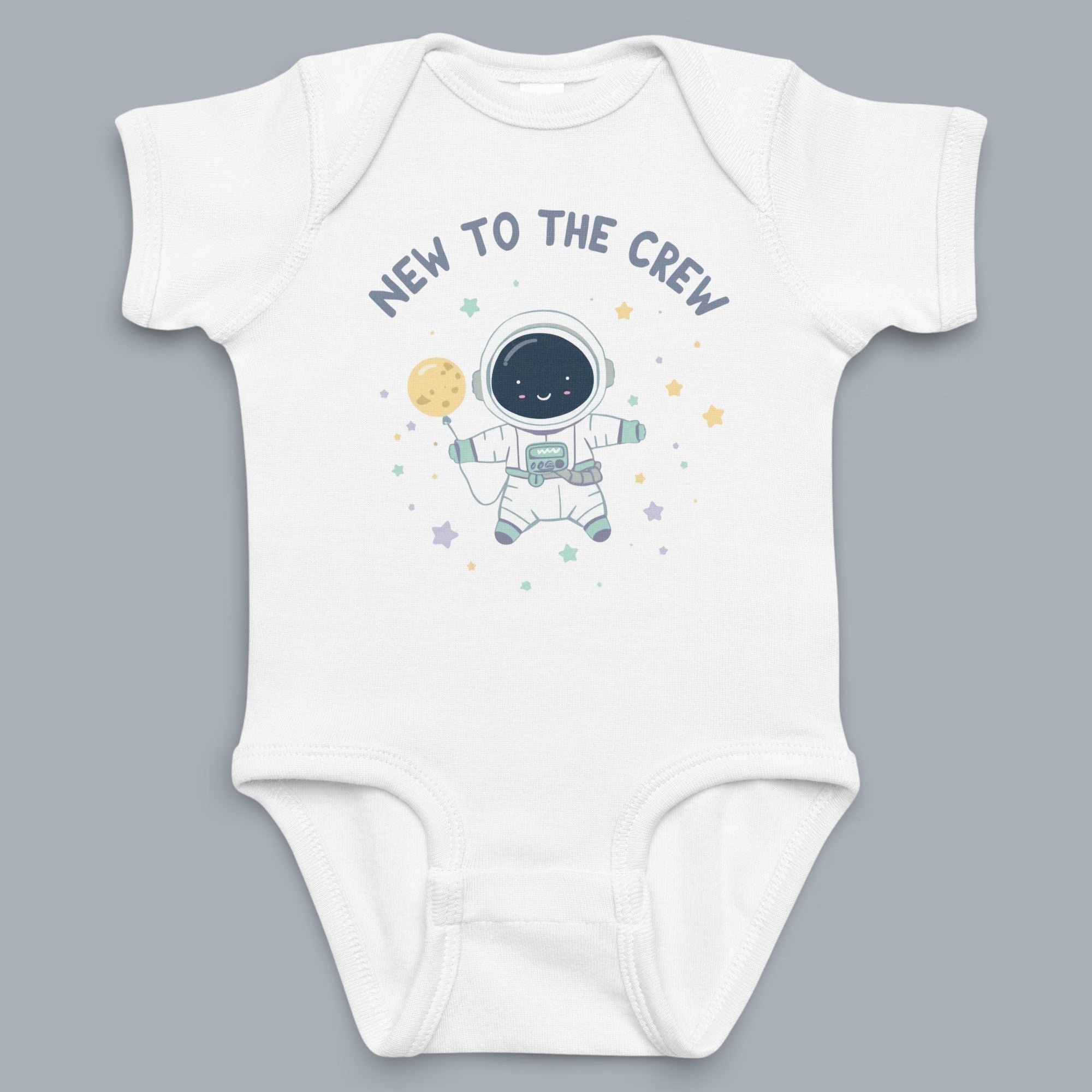 Coocosh Baby Onesie features a cute astronaut graphic with "New to the Crew" text, short sleeves, soft and breathable cotton material, and a comfortable fit in crisp white. Perfect for everyday wear.