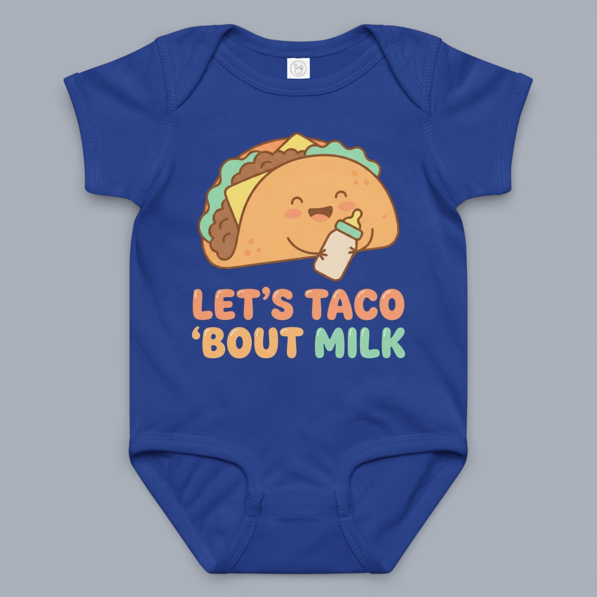Coocosh Baby Bodysuit featuring a cute taco graphic holding a milk bottle with 'Let's Taco 'Bout Milk' text, made of soft, comfortable material, in a royal blue color perfect for infants.