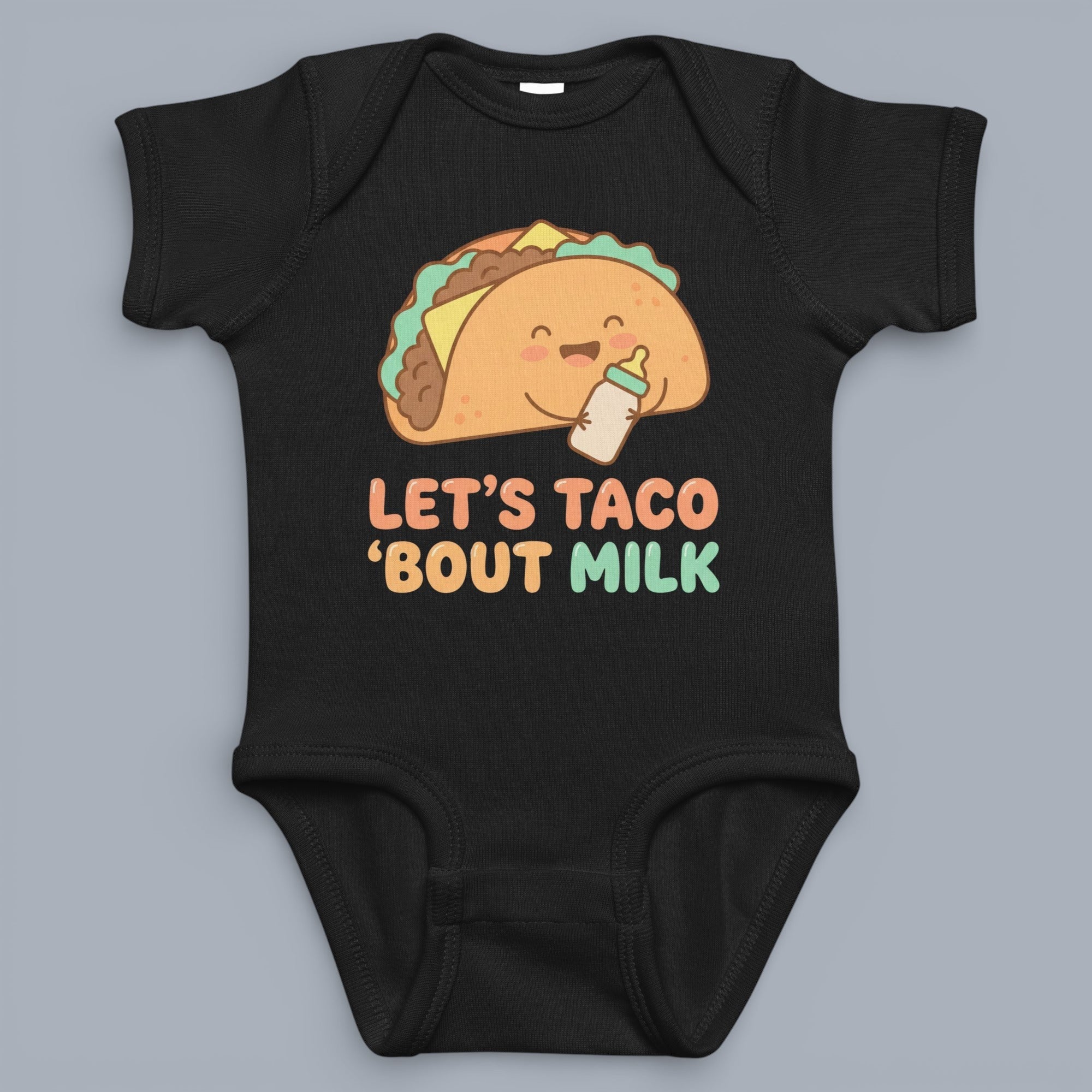 Coocosh Baby Bodysuit featuring a cartoon taco holding a milk bottle with the phrase 'Let's Taco 'Bout Milk' printed on the front, black, standard fit. Great baby shower gift!.