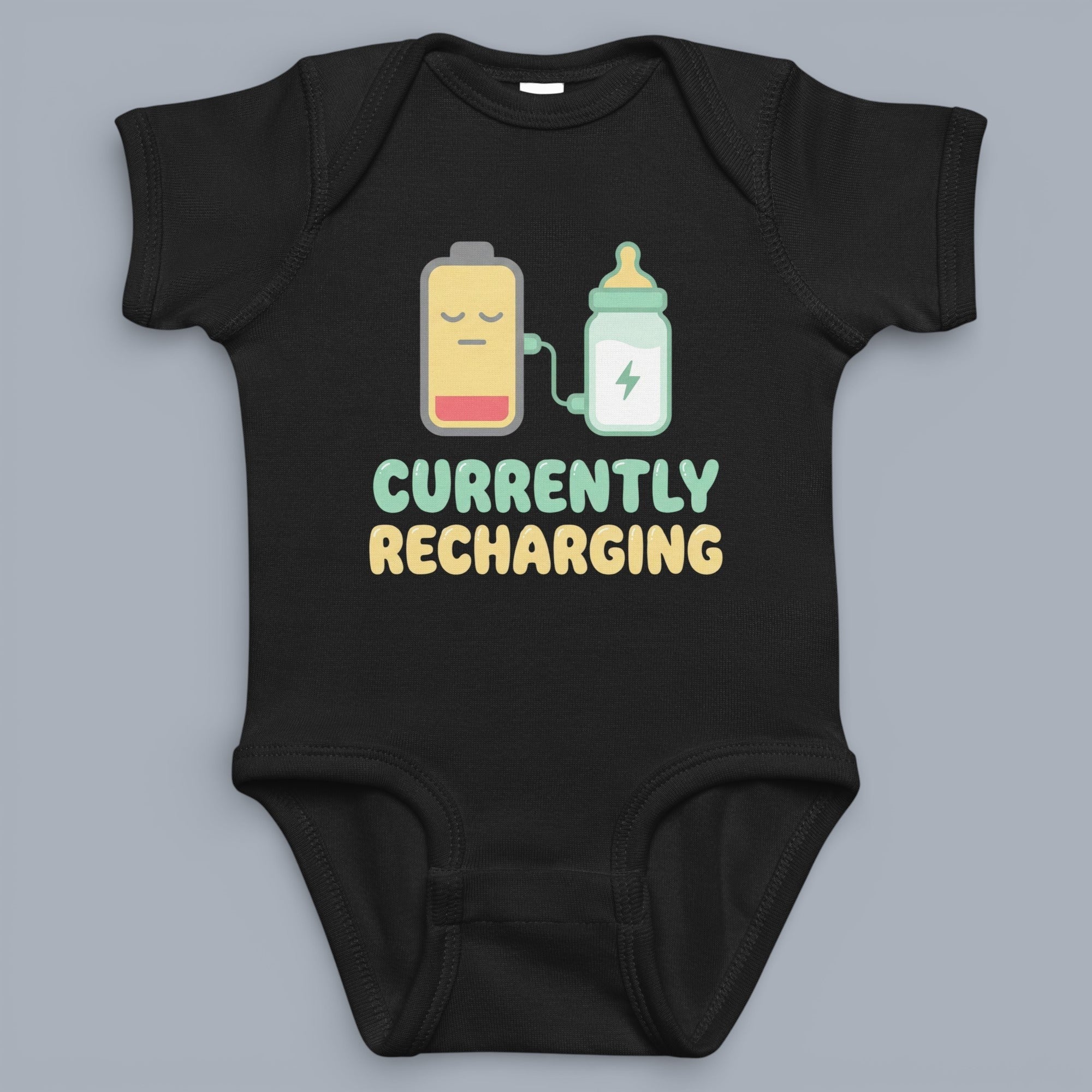 Coocosh Baby Onesie with a cute recharging graphic showing a baby bottle recharging a battery, humorous design for naptime, black, for infants and toddlers, perfect for a baby shower gift.