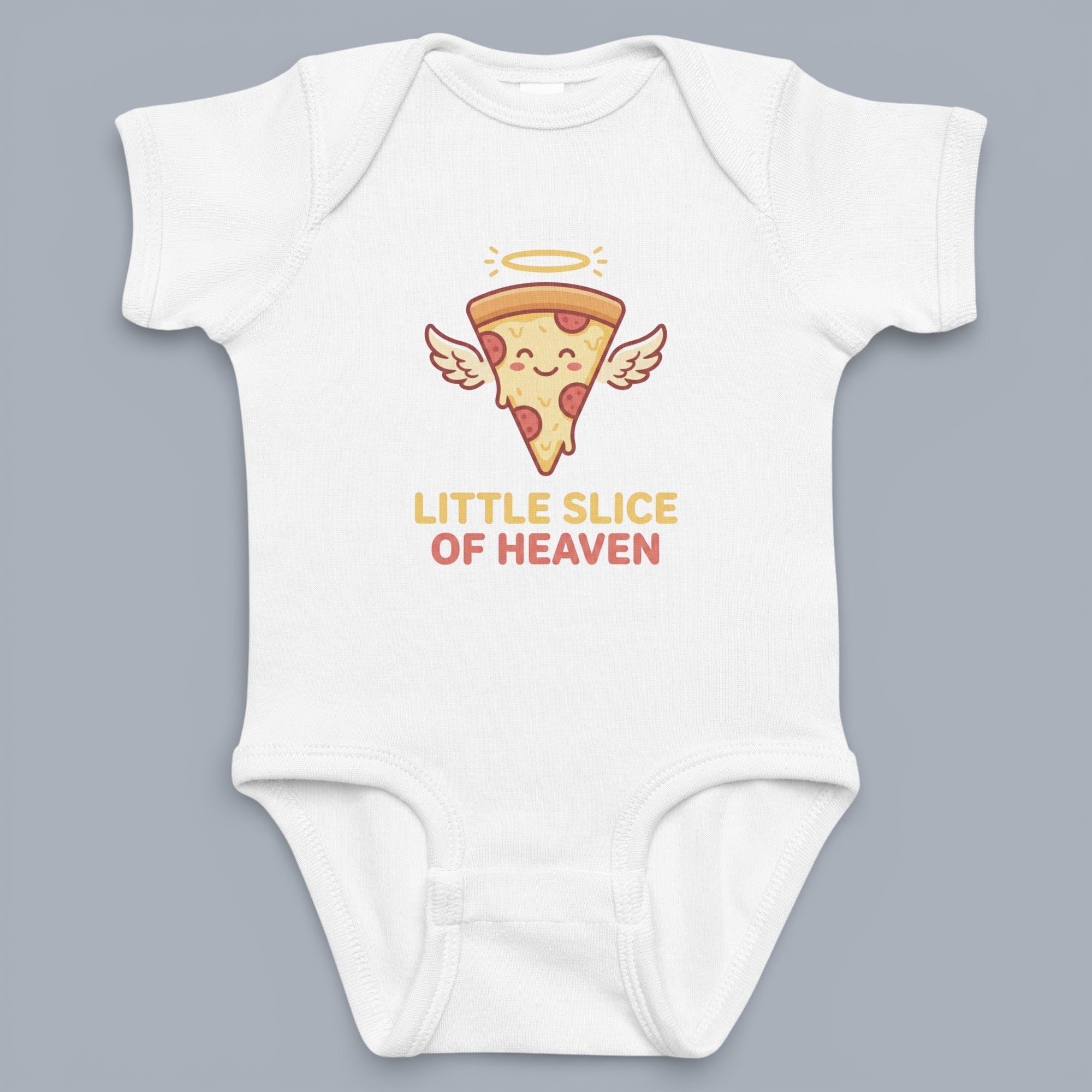 Coocosh Baby Onesie featuring a cute angelic pizza slice graphic with the phrase "Little Slice of Heaven" printed on it. Made from soft, breathable fabric in white. A delightful baby gift. Period.