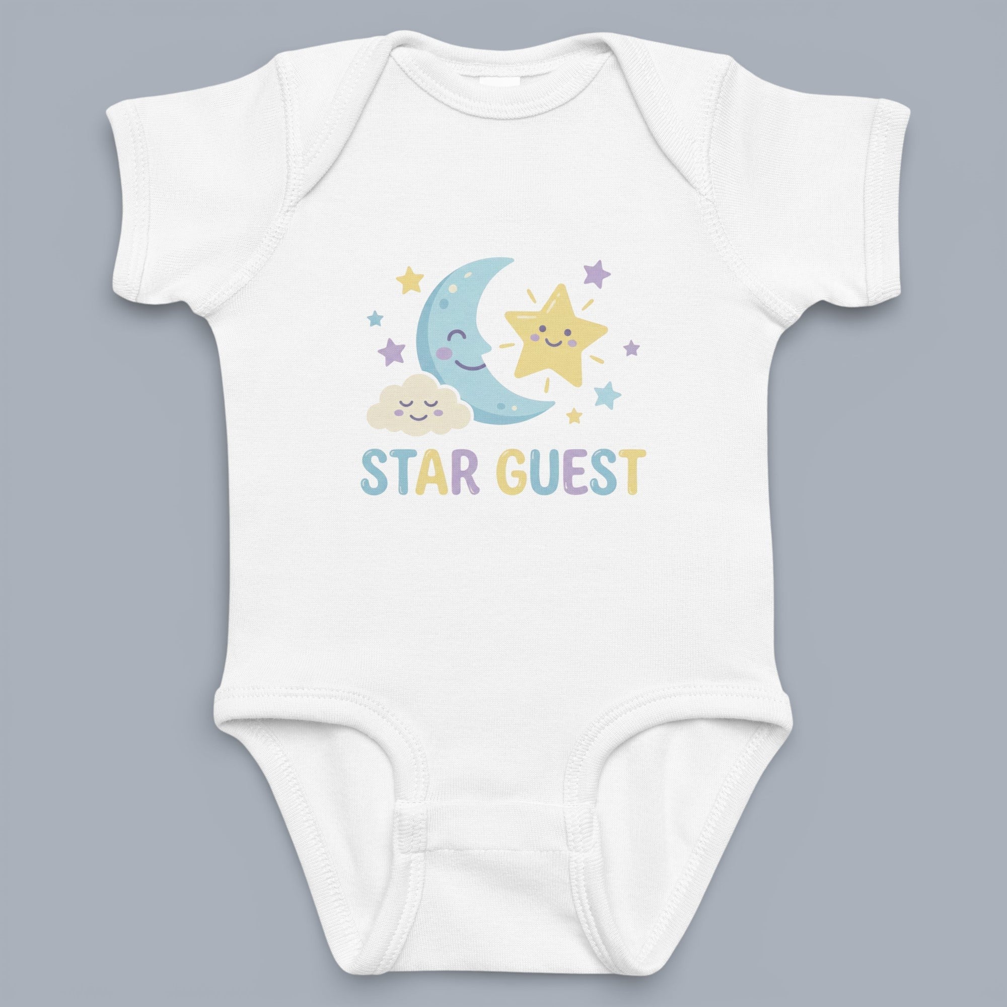 Coocosh baby onesie with a cute cartoon moon, cloud, and star design with the text "STAR GUEST". The onesie is short-sleeved and white, perfect for baby's comfort. A delightful outfit for your little one.
